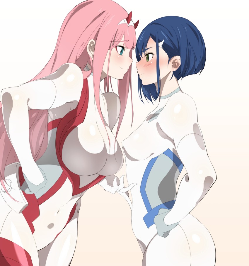 2girls bent_over big_breasts blue_eyes blue_hair blush bodysuit breast_size_difference breasts catfight clothed darling_in_the_franxx erect_nipples eye_contact face_to_face gloves green_eyes half-closed_eyes hand_on_hips horns ichigo_(darling_in_the_franxx) large_breasts long_hair multiple_girls navel pink_hair pose rivals short_hair sia_namsbinpeni side_view sideboob simple_background size_comparison skin_tight small_breasts smile standing staredown thick_thighs wide_hips yuri zero_two_(darling_in_the_franxx)