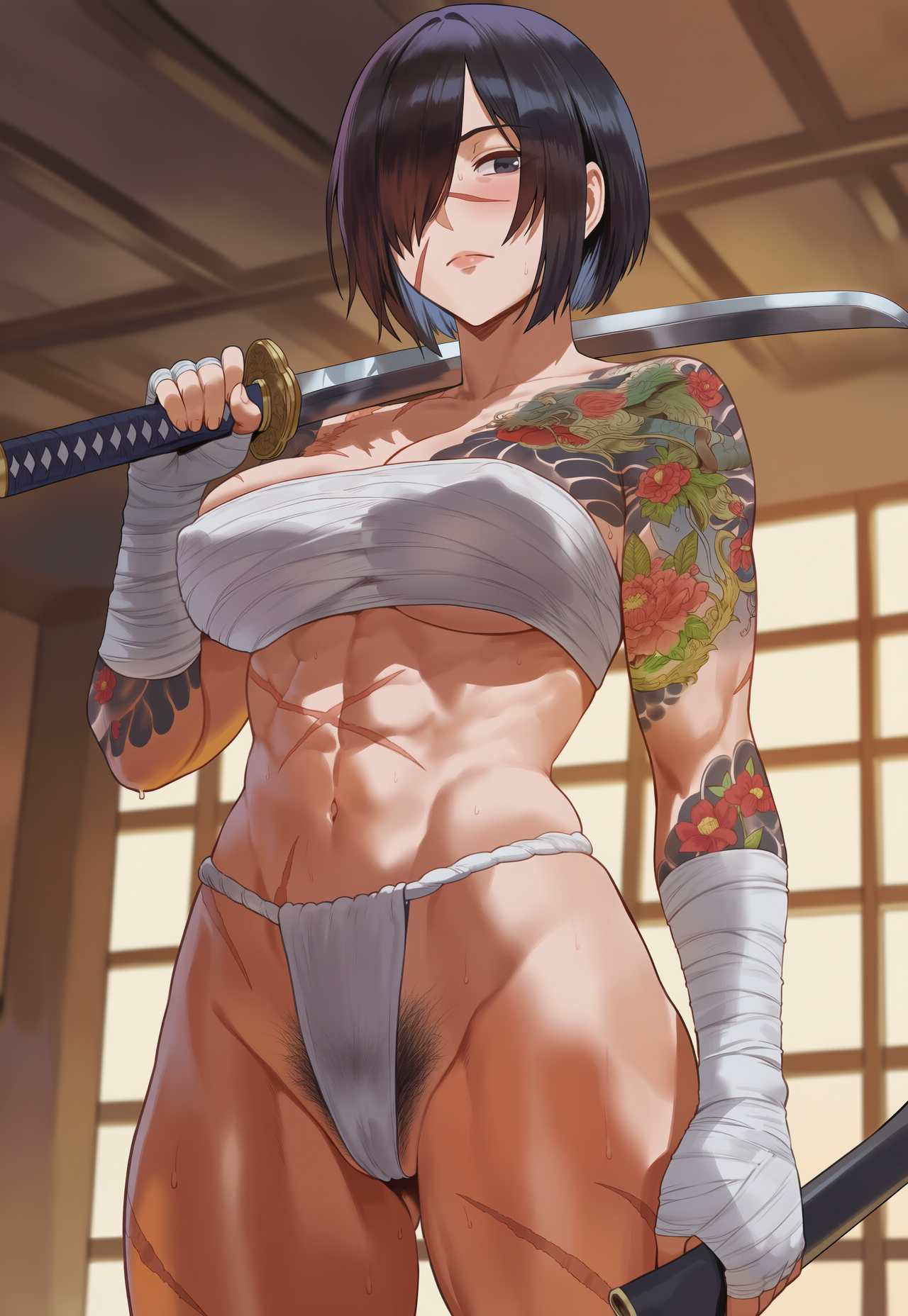 ai generated, bandage, bandaged arm, bandages, big breasts, black eyes, black hair, blush, cameltoe, covered nipples, dojo, female, fundoshi, holding katana, indoors, jagat ai, japanese clothes, katana, medium breasts, muscular female, original, original character, pubic hair, pubic hair peek, sarashi, scar, scar on face, scars all over, see-through, solo, solo female, sweat, toned female, yakuza, yakuza tattoo