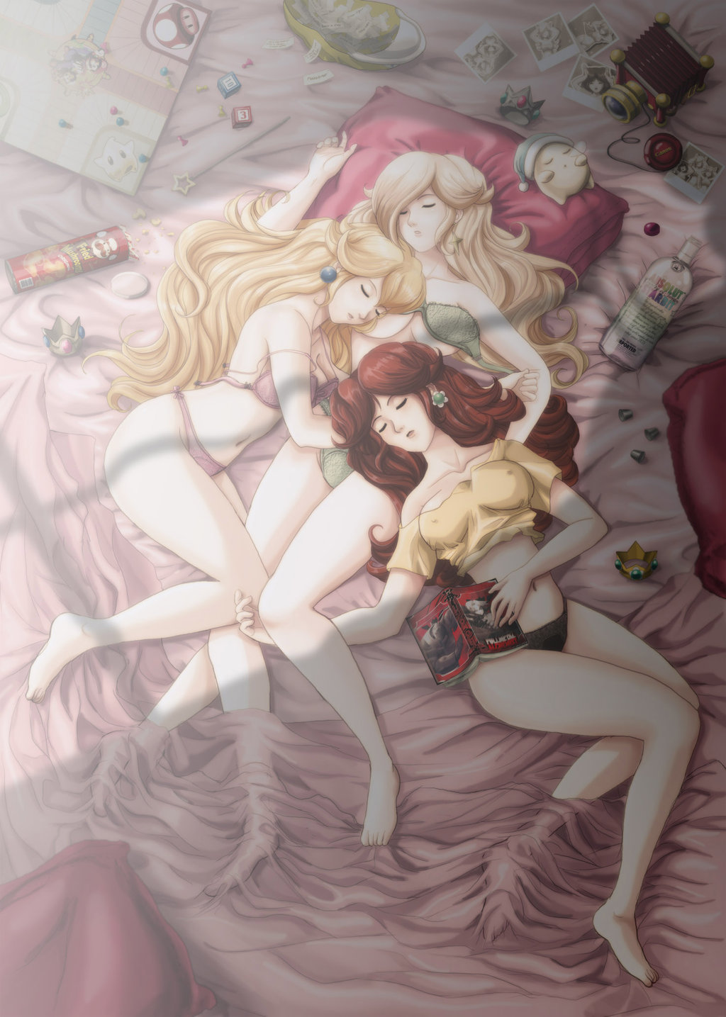 after_party bed bra caramelldansen clothing drunk erect_nipples erect_nipples_under_clothes jay_phenrix luma manga_(object) mario_(series) mario_party meme nintendo panties princess_daisy princess_peach princess_rosalina pringles tagme the_legend_of_zelda vodka yuri