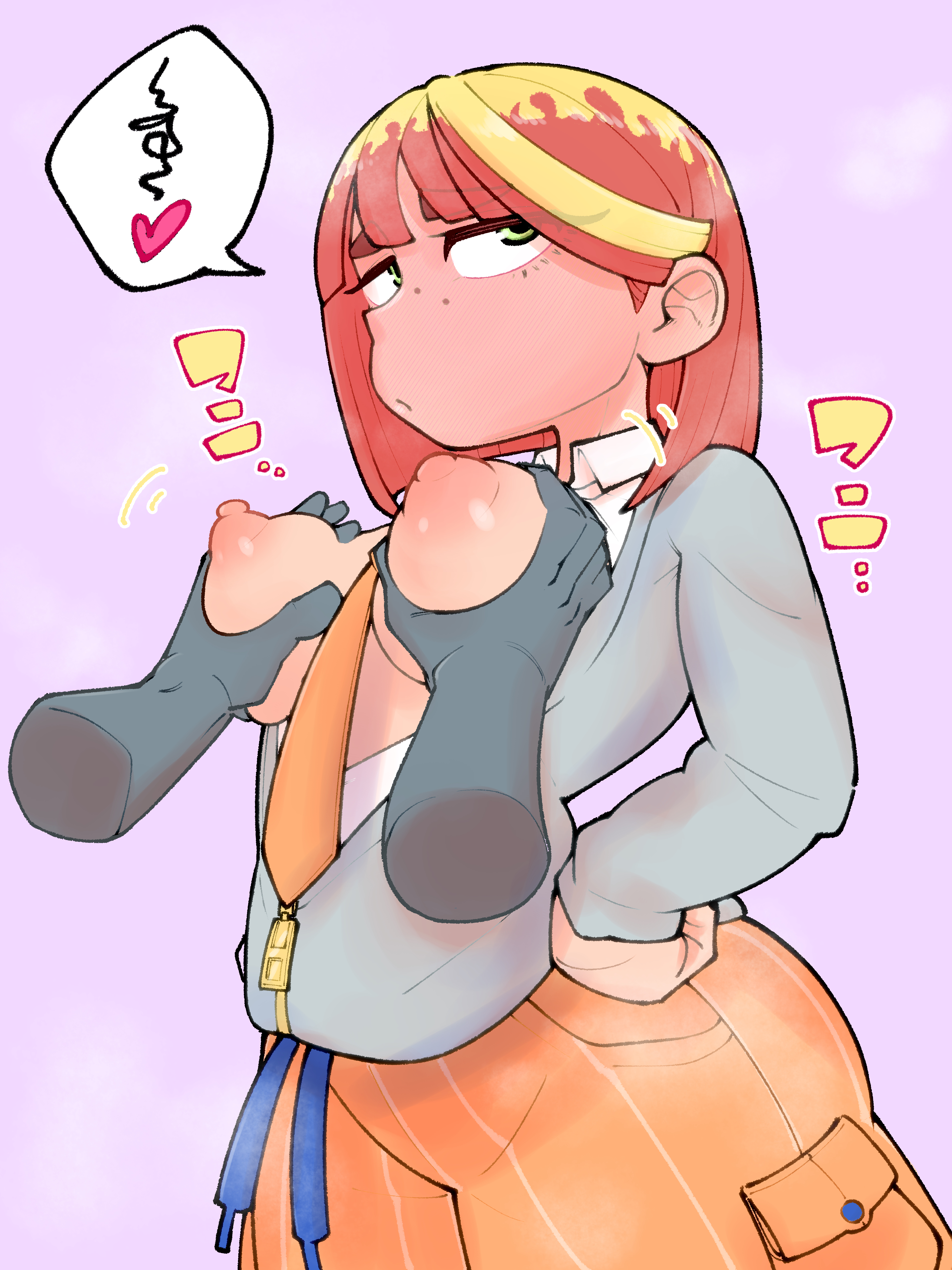 <3, areola, blonde hair, blush, blush lines, breast grab, clothed, dialogue, disembodied hand, exposed breasts, eyelashes, front view, gluten000000, green eyes, grey topwear, mela (pokemon), necktie between breasts, nipples, orange necktie, orange shorts, pink areola, pink nipples, pokemon, pokemon sv, purple background, red hair, short hair, speech bubble, text, two tone hair, white shirt