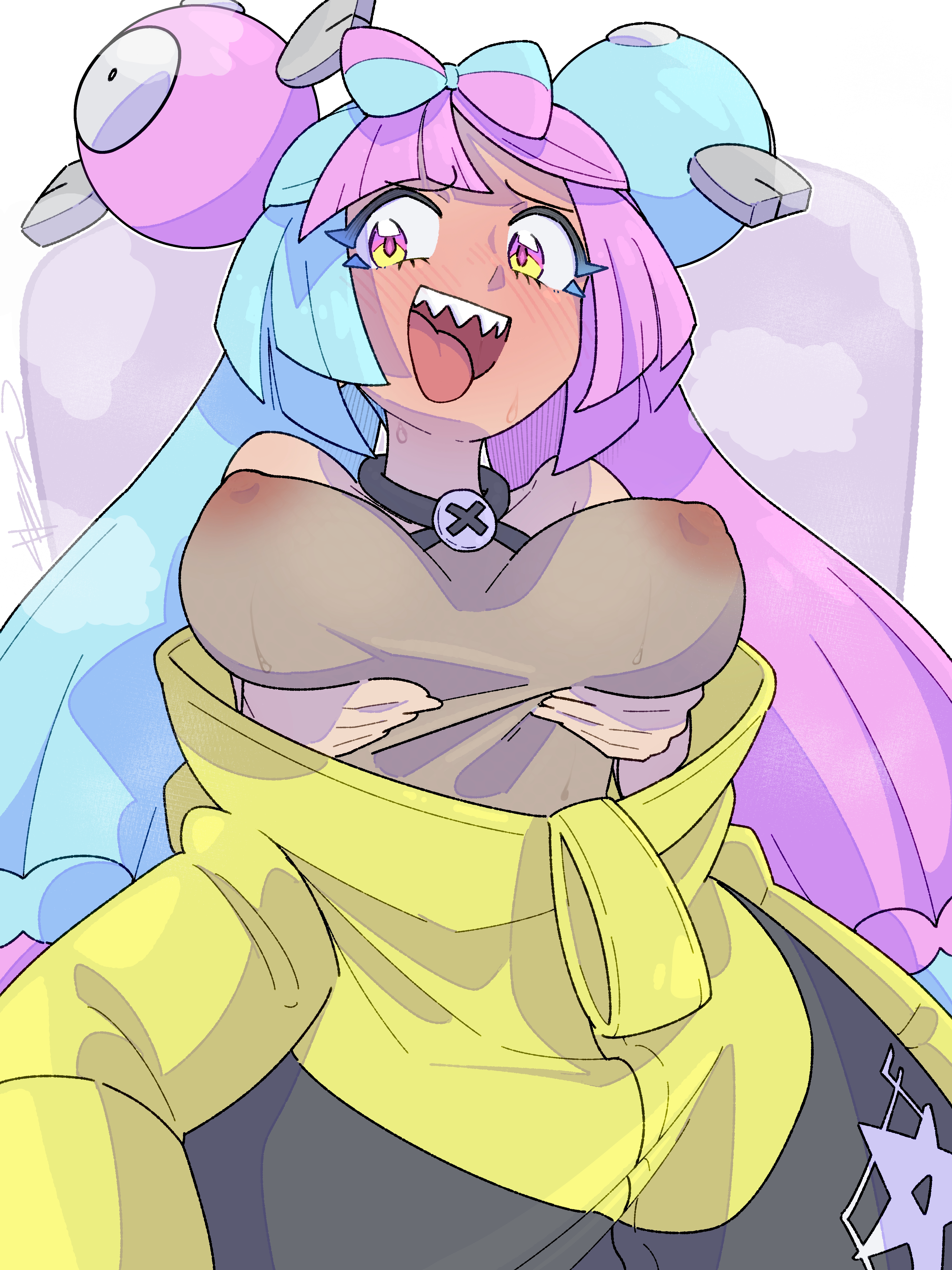 areola, big breasts, black jacket, blue hair, blush lines, eyelashes, front view, gluten000000, grey topwear, holding breast, iono (pokemon), long hair, nipples, open mouth, pink areola, pink hair, pink nipples, pokemon, pokemon sv, purple background, sharp teeth, tan skin, tongue out, translucent topwear, two tone hair, white background, yellow eyes, yellow jacket