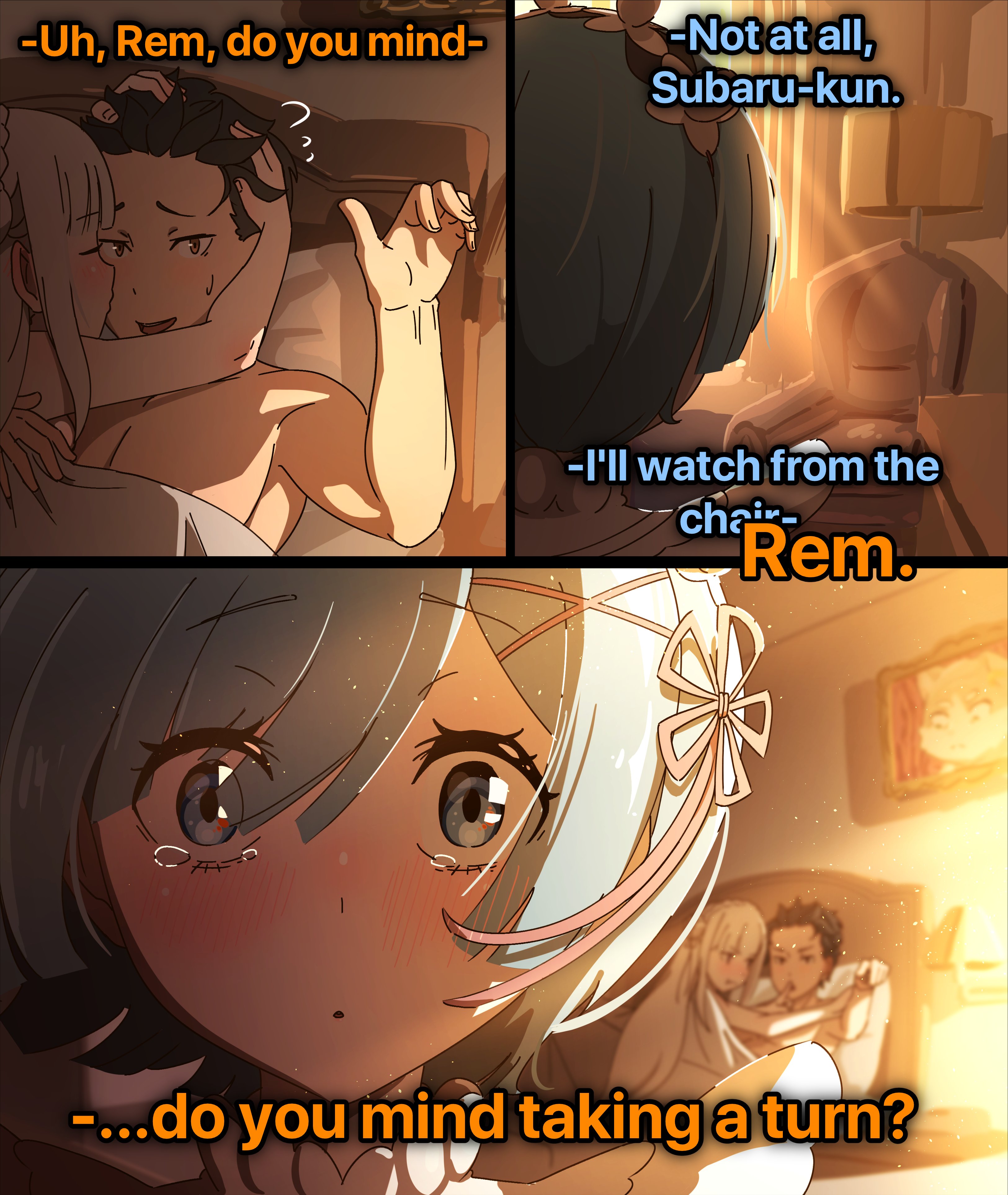 artist request, blue eyes, blue hair, blush, blushing, bob cut, crying, crying with eyes open, cuck, cuckold, emilia (re:zero), long hair, lying on bed, mayngomay, natsuki subaru, re:zero kara hajimeru isekai seikatsu, rem (re:zero), surprised, surprised expression, tagme, text, text box, text bubble, threesome, white hair