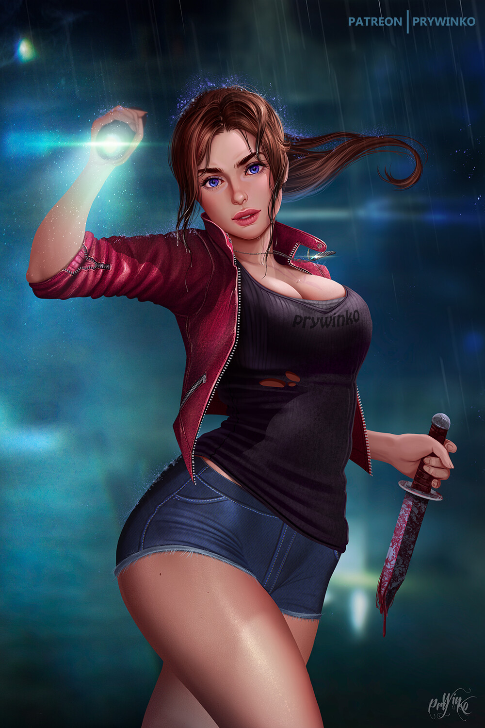 1girls, big breasts, breasts, claire redfield, cleavage, curvy, female, female only, hips, knife, long hair, looking at viewer, prywinko, resident evil, resident evil 2, shorts, solo, thick, thick thighs, wide hips