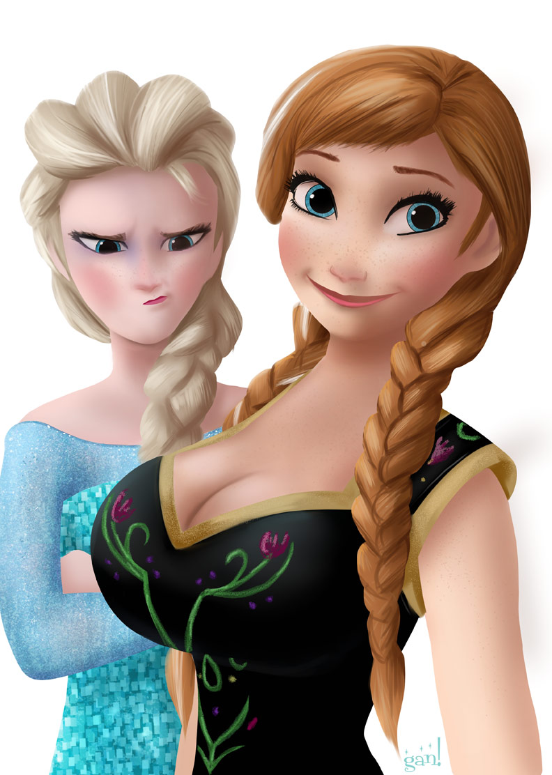 2girls, alternate breast size, anna (frozen), annoyed, big breasts, blue eyes, breast envy, breasts, brown hair, busty, cleavage, disney, dress, elsa (frozen), female, freckles, frozen (film), funny, gan (artist), huge breasts, jealous, large breasts, looking back, orange hair, pig tails, pigtail, pigtails, red hair, signature, sisters, smile, text, twin braids, twintails, voluptuous, white hair