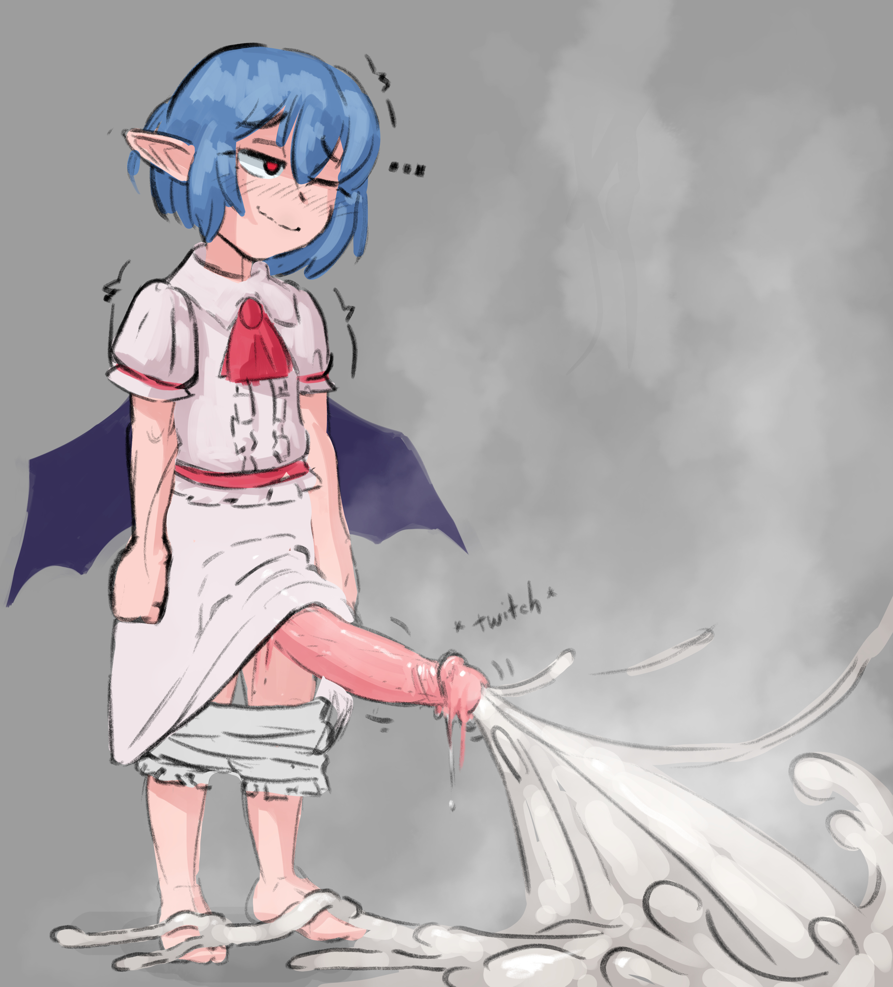 creamy cum, cum, excessive cum, flat chest, fugu (androth), futa only, futanari, huge cock, looking pleasured, petite, pleasure face, remilia scarlet, small but hung, solo, solo futa, steam, thick cum, throbbing penis, touhou