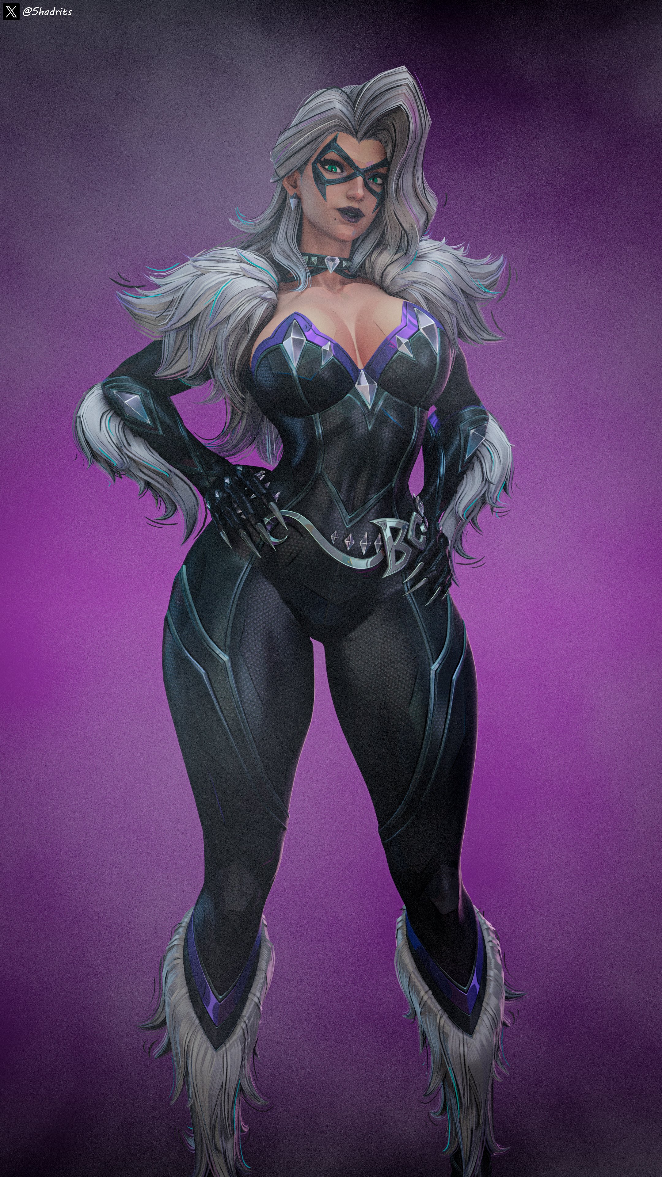1girls, 2026, 3d, 3d (artwork), alluring, big breasts, black cat (marvel rivals), black cat (marvel), bodysuit, breasts, choker, collar, color, colored, curvaceous, curvaceous body, curvaceous female, curvaceous figure, curvaceous hips, curvy, curvy body, curvy female, curvy figure, curvy hips, domino mask, earrings, enticing, eyemask, felicia hardy, female, female only, green eyes, hips, hourglass figure, huge breasts, large breasts, light skin, light-skinned female, looking at viewer, marvel, marvel comics, marvel rivals, mask, masked, masked female, massive breasts, pinup, purple lipstick, seducing, seductive, seductive look, shadrits, skin tight, solo, spider-man (series), superheroine, teasing, teasing viewer, temptation, tempting, tempting viewer, thick, thick breasts, thick hips, thick thighs, tight clothes, tight clothing, voluptuous, voluptuous female, white fur, white hair, wide hips