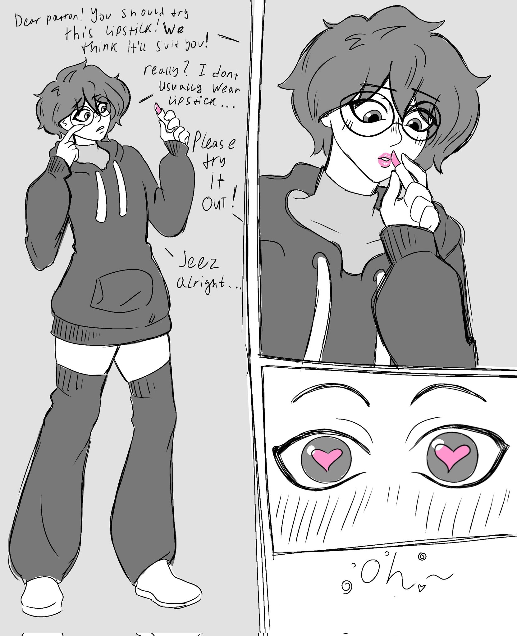 1femboy, 1male, bimbofication, bimbofied, black and white, black hair, brainwashed, brainwashing, clothed, clothing, femboy, feminine male, glasses, hoodie, hypnosis, hypnotic eyes, hypnotized, lipstick, malesub, marchillust, medium hair, mind control, thick thighs