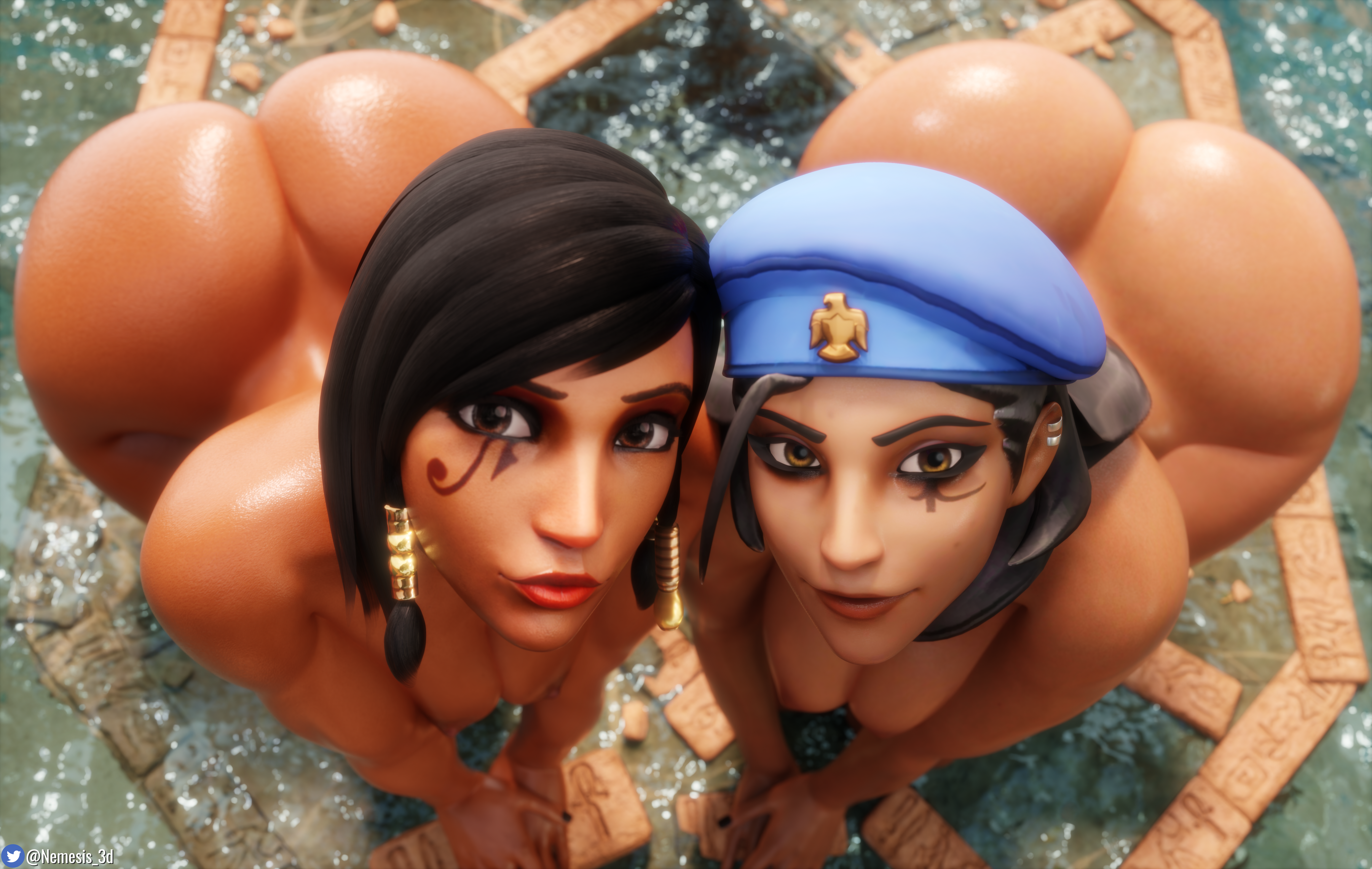 2girls, 3d, absurd res, ana amari, ass, ass up, beret, big ass, big breasts, breasts, captain amari, dark skin, dark-skinned female, egyptian, female, female only, hi res, high angle, highres, mother and daughter, nemesis 3d, on all fours, overwatch, pharah, shiny skin, tattoo, thick thighs, thighs, young ana amari