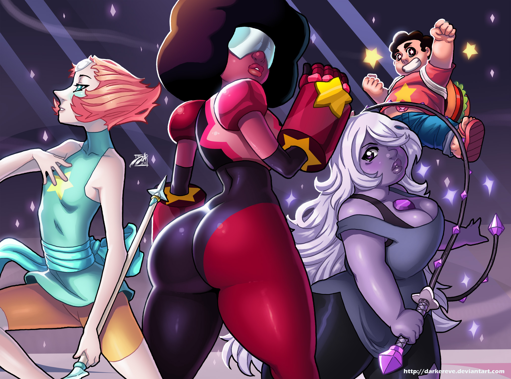 1boy, 3girls, afro, alien, alien girl, amethyst (steven universe), ass, big ass, cartoon network, cleavage, darkereve, female, garnet (steven universe), gauntlets, gem (species), gem fusion, humanoid, male, pearl (steven universe), pose, shiny clothes, skin tight, spear, steven universe, thick, thick thighs, whip, wide hips