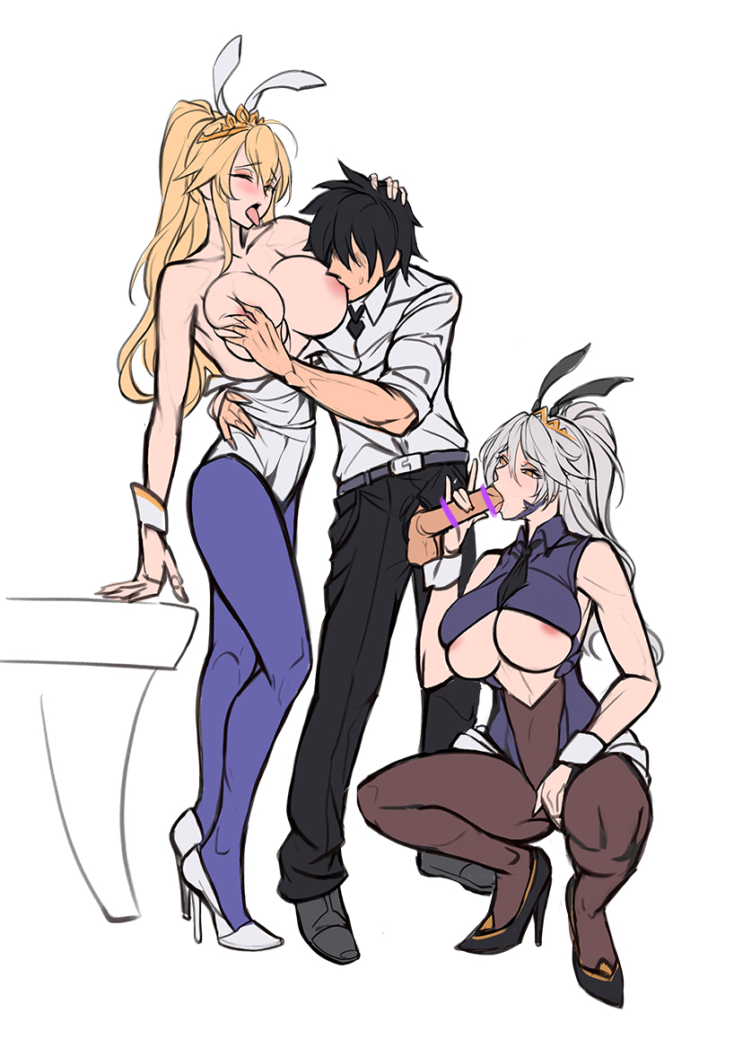 1boy 2girls animal_ears areola_slip areolae arm_around_waist artoria_pendragon artoria_pendragon_(lancer) artoria_pendragon_(lancer_alter) artoria_pendragon_(swimsuit_ruler) bangs bare_shoulders belt black_footwear black_hair black_neckwear blonde_hair blue_legwear blush breast_grab breast_sucking breasts breasts_out bunny_ears bunny_girl bunnysuit cleavage closed_eyes collared_shirt commentary_request crown dress_shirt erection fate/grand_order fate_(series) female fujimaru_ritsuka_(male) grabbing hair_between_eyes high_heels high_ponytail holding_another's_head large_breasts leotard long_hair male multiple_girls nipples open_mouth pantyhose penis ponytail shirt silver_hair sleeves_rolled_up squatting straight sucking table testicles tongue tongue_out tsuki_no_i-min underboob unzipped white_footwear white_leotard wrist_cuffs yellow_eyes