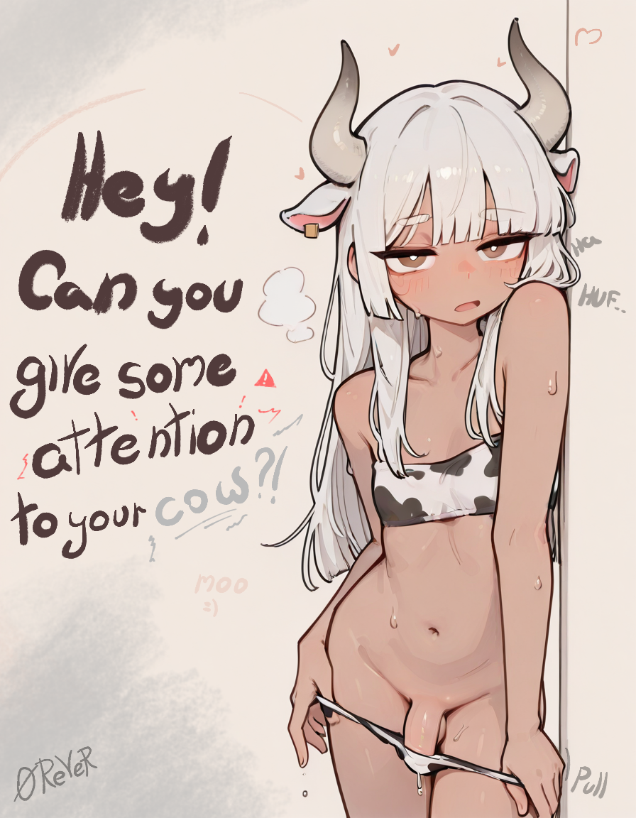 0rever, 1boy, 2026, ai generated, cow ears, cow horns, cow print bikini, dark skin, dark-skinned femboy, dark-skinned male, dark-skinned sissy, femboy, femboy focus, femboy only, male only, oc, original, original character, shy, small penis, solo, text, text box