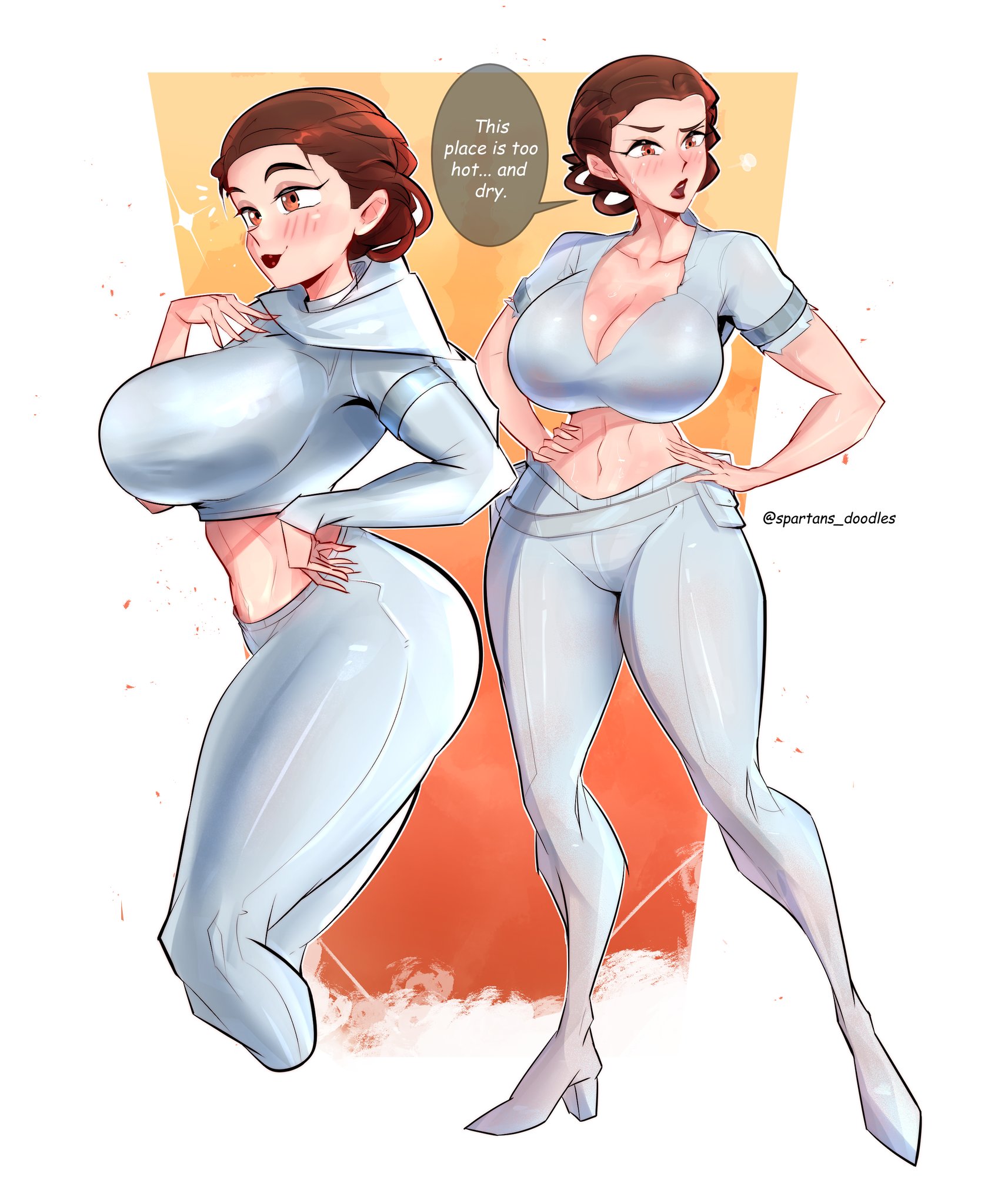 1female, 1girl, 1girls, adult female, attack of the clones, big ass, big breasts, big butt, blushing, bodysuit, boobs, boots, breasts, brunette, brunette female, brunette hair, brunette-haired female, dat ass, female, female only, high heel boots, high heels, hourglass figure, hourglass figured female, long legs, lucasfilm, padme amidala, padme on geonosis, ripped bodysuit, ripped clothes, ripped clothing, royalty, spartandoodles, star wars, thick, thick ass, thick butt, thick hips, thick legs, thick thighs, tight clothes, tight clothing, toned, toned body, toned female, white clothing