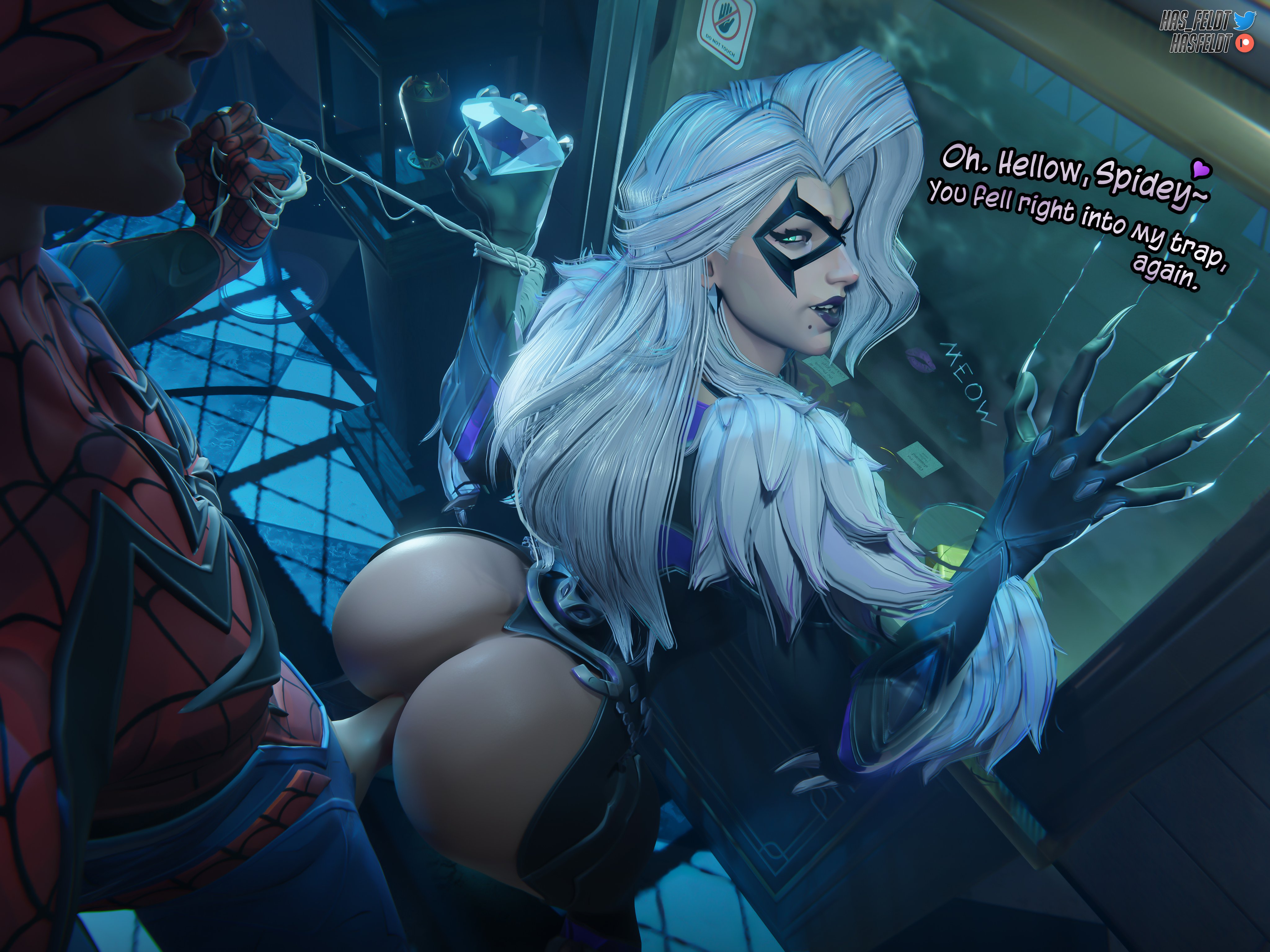 1boy, 1boy1girl, 1girl1boy, 1girls, 2026, 3d, 3d (artwork), alternate version available, ass, ass cleavage, big ass, big butt, big cock, big penis, black cat (marvel rivals), black cat (marvel), bodysuit, breasts, breasts out, bursting breasts, butt, cat burglar, choker, claws, cock, collar, couple, couple (romantic), couple sex, couples, curvaceous, curvaceous body, curvaceous female, curvaceous figure, diamond, domino mask, eyemask, felicia hardy, female, female penetrated, from behind, from behind position, green eyes, hasfeldt, hips, huge ass, huge breasts, huge butt, large ass, large breasts, large butt, light skin, light-skinned female, light-skinned male, male, male/female, marvel, marvel comics, marvel rivals, mask, masked, masked female, netease games, penetration, penetration from behind, penis, penis in ass, peter parker, purple lipstick, romantic, romantic couple, romantic sex, seductive, seductive look, seductive pose, sex, sex from behind, skin tight, spider-man, spider-man (marvel rivals), spider-man (series), straight, straight sex, superhero, superhero couple, superheroine, text, thick, thick ass, thick butt, thick hips, thief, tight clothes, tight clothing, voluptuous, voluptuous female, white fur, white hair