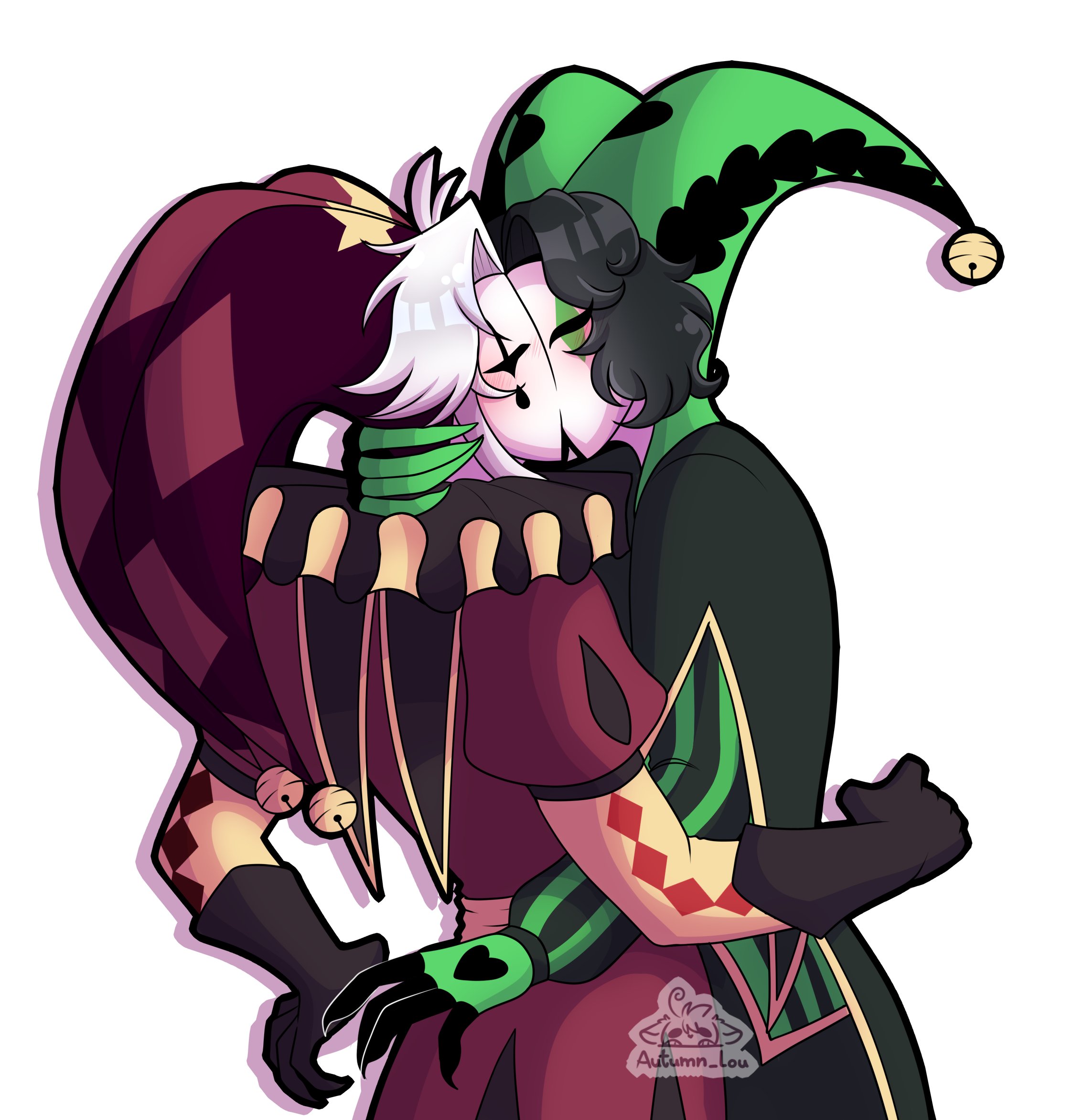 gay, gay couple, gay kissing, gay male, harlequin (the freak circus), homosexual, homosexual couple, homosexual male, kiss on lips, kissing, kissing while hugging, monster male, pierrot (the freak circus), the freak circus