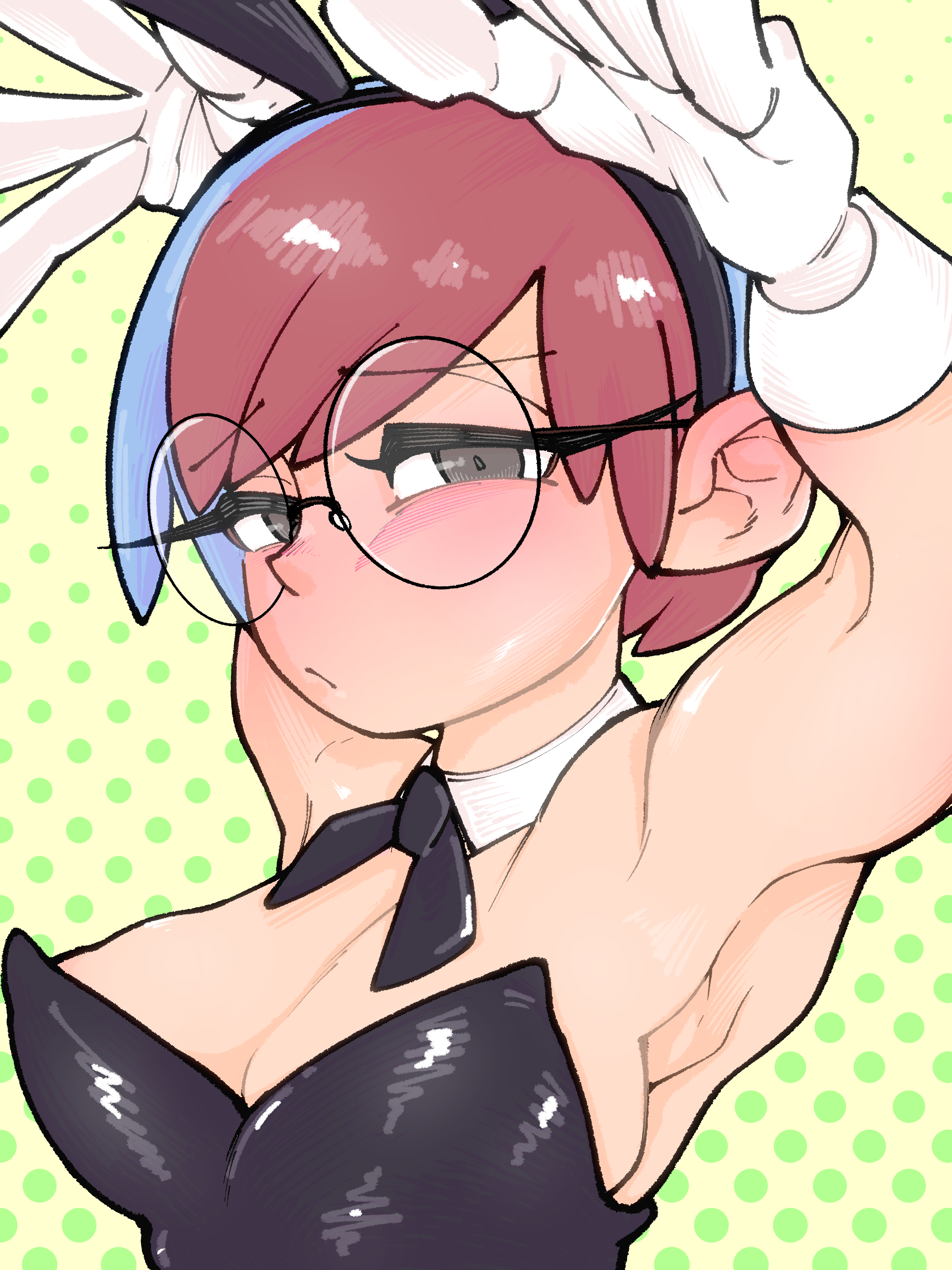 armpits, black bow tie, black leotard, blue hair, breasts, bunny costume, cleavage, eyelashes, fake rabbit ears, front view, glasses, gluten000000, grey eyes, looking at viewer, penny (pokemon), pokemon, pokemon sv, raised arms, red hair, round glasses, short hair, side boob, tan skin, two tone hair, white gloves, yellow background