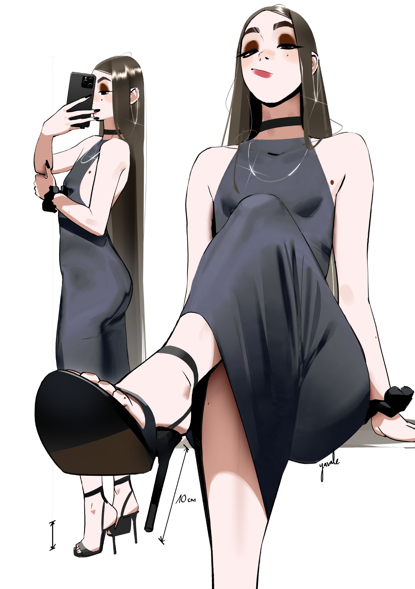2d, 2d (artwork), barefoot, black hair, blush, blushing, choker, crossed legs, feet, fit, fit female, high heels, legs crossed, lipstick, long hair, looking at viewer, mascara, necklace, oc, posing, red lipstick, side view, sleeveless, sleeveless shirt, slim girl, slim waist, small breasts, tagme, tight clothes, tight clothing, tight fit, viewed from below, white background, yavale0