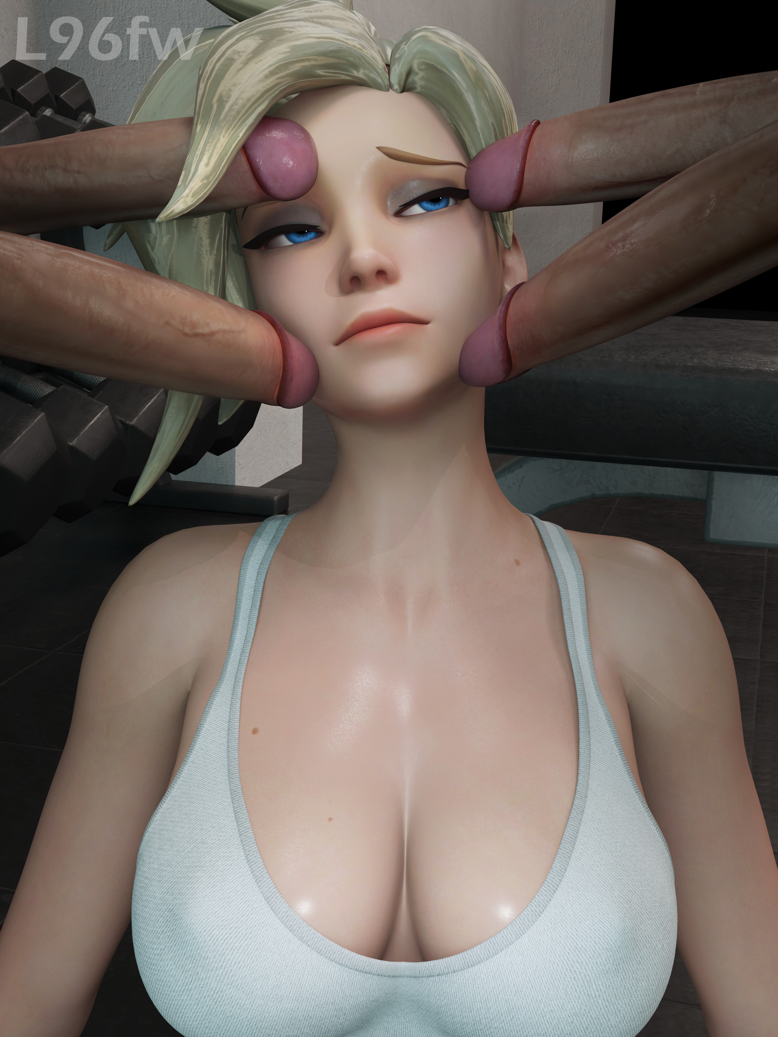 1girls, big breasts, big penis, blonde female, blonde hair, blue eyes, breasts, cock, dick, female, female focus, gym, l96fw, looking at partner, male, mercy, overwatch, overwatch 2, penis, penis on face, sex, sexy, sexy body, sexy female, sexy pose