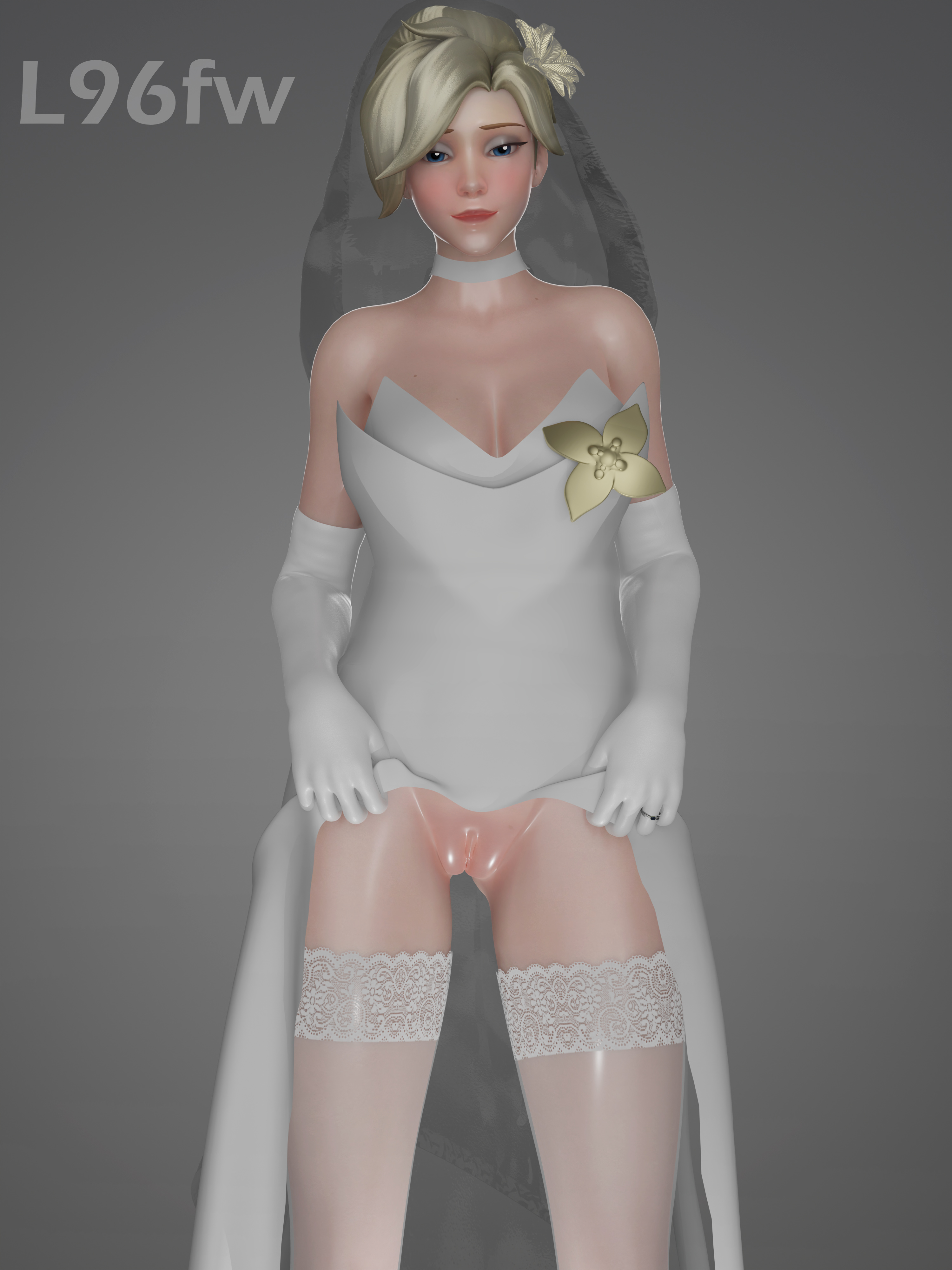 1girls, blonde female, blonde hair, blue eyes, breasts, bride, female, female focus, female only, l96fw, looking at viewer, mercy, overwatch, overwatch 2, pussy, stockings, thighs, wedding dress, wedding ring