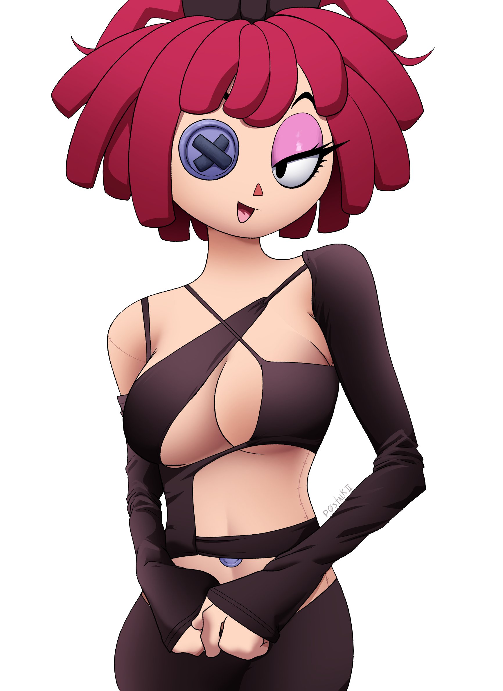 1girls, bedroom eyes, breasts, button belly button, button eye, doll girl, glitch productions, gooseworx, p0stalk, ragatha, ragatha (tadc), ragatha (the amazing digital circus), ragdoll, red hair, red-haired female, skimpy, solo female, tagme, the amazing digital circus, triangle nose