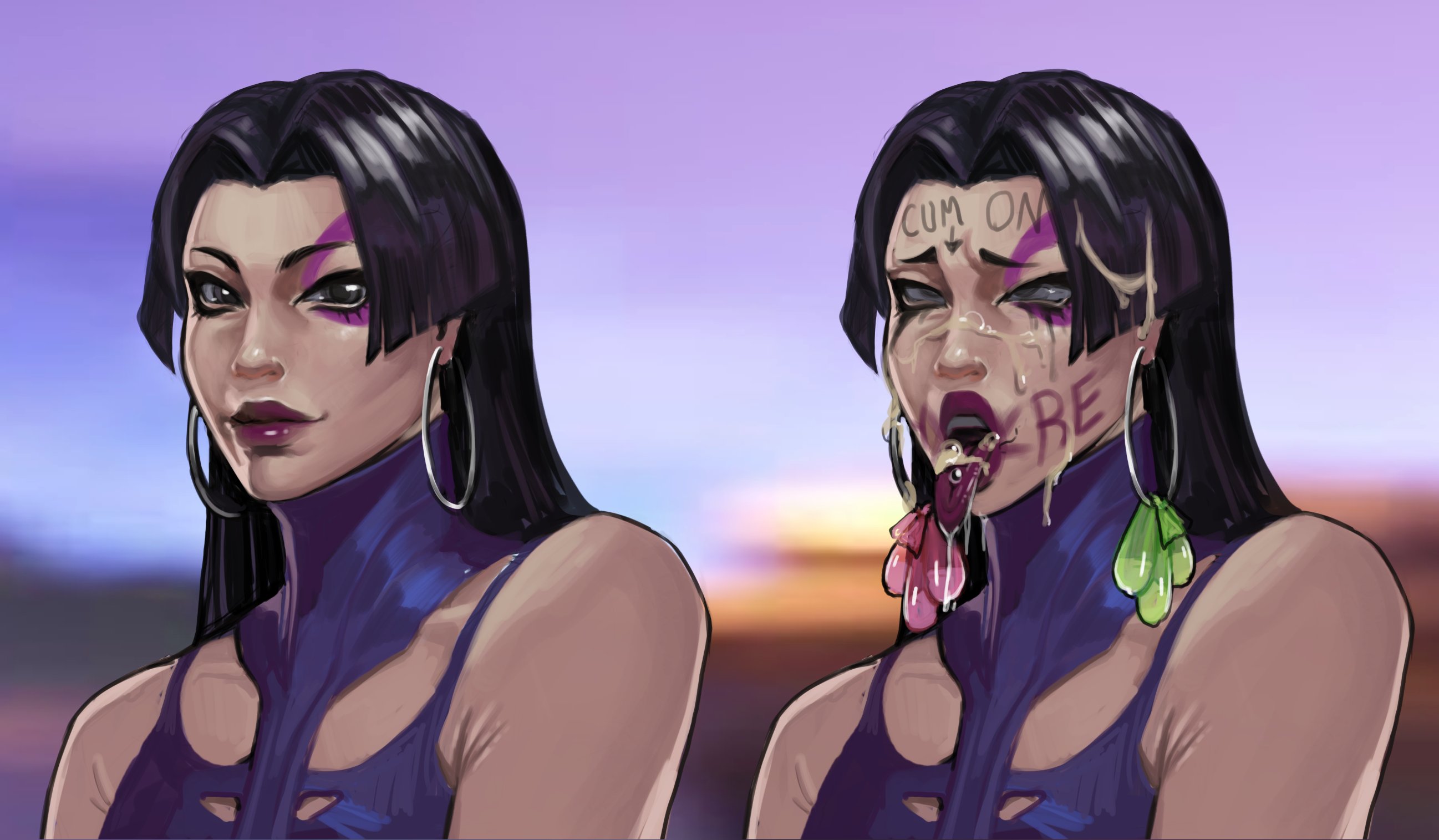 2d, 2koma, before and after, body writing, condom accessories, cum, cum in mouth, cum on face, cum on tongue, degradation, earrings, eyes rolling back, instant loss, instant loss 2koma, marvel, marvel rivals, open mouth, psylocke, solo, tagme, tongue out, used condom, used condom earings, used condoms, weakj