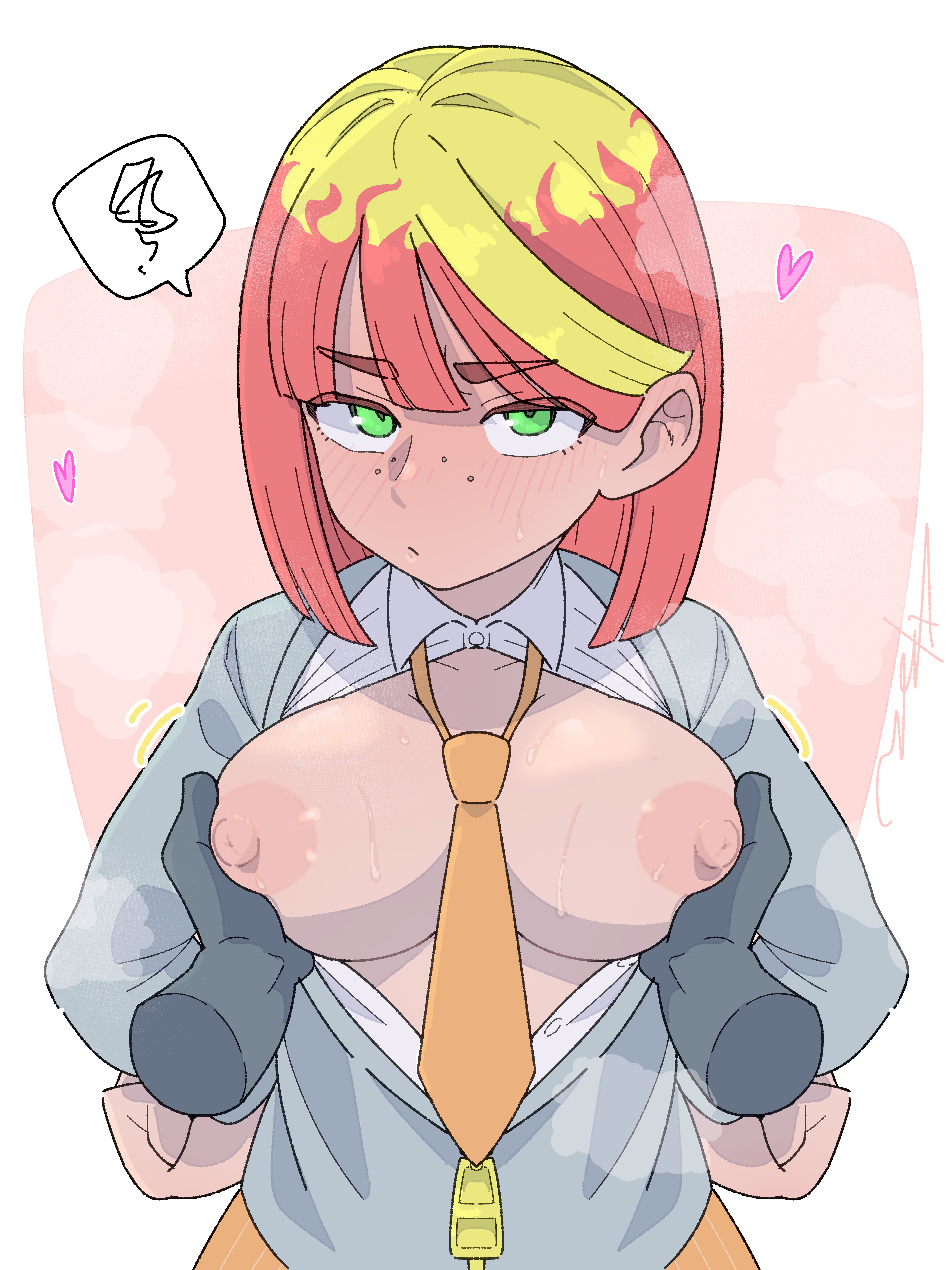 <3, 1girls, areola, blonde hair, blush lines, breast grab, breasts, disembodied hand, exposed breasts, eyelashes, freckles, freckles on face, front view, gluten000000, green eyes, grey topwear, holding breast, looking at viewer, mela (pokemon), necktie between breasts, nipples, orange necktie, pink areola, pink background, pink nipples, pokemon, pokemon sv, red hair, short hair, tan skin, two tone hair, white background, white shirt