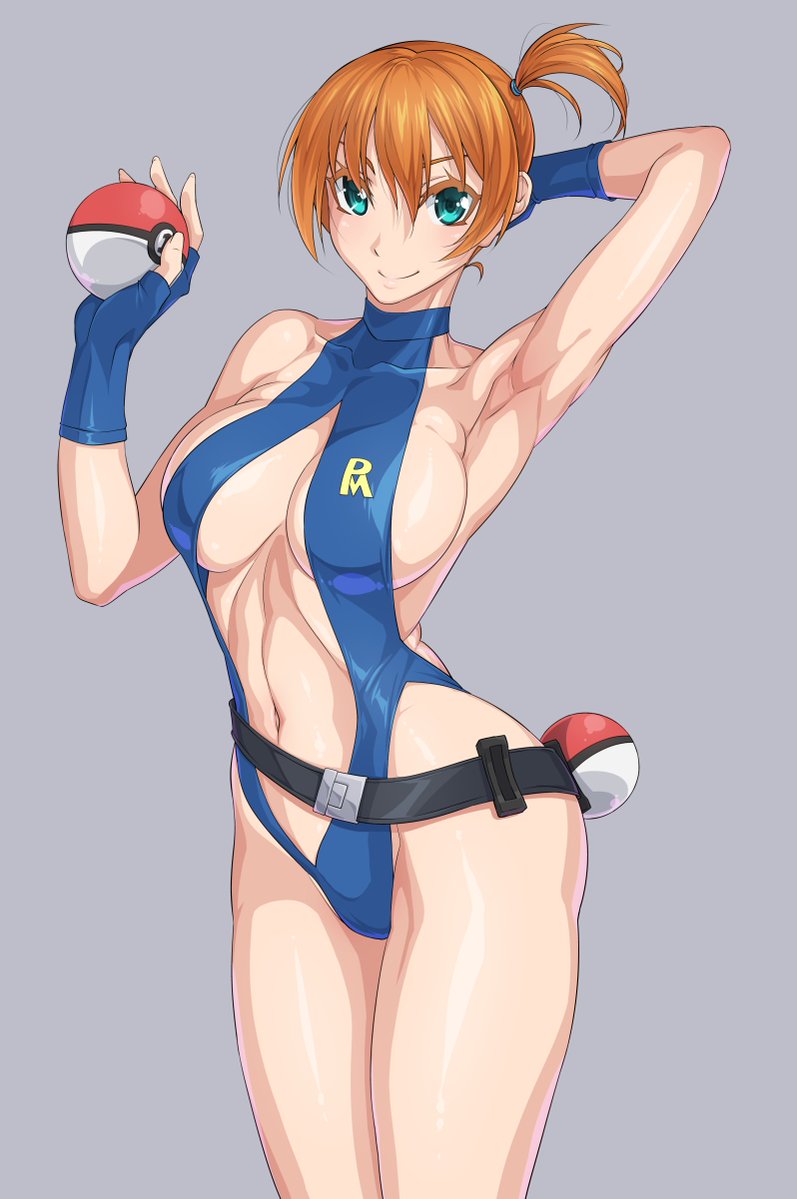 1girls, abs, alternate breast size, alternate outfit, armpits, big breasts, bikini, breasts, clothes, eye contact, female, green eyes, half-closed eyes, human, human only, kasumi (pokemon), large breasts, looking at viewer, misty (pokemon), nintendo, one-piece swimsuit, pokeball, pokemon, pokemon rgby, red hair, source request, the electric tale of pikachu, thick thighs, wide hips