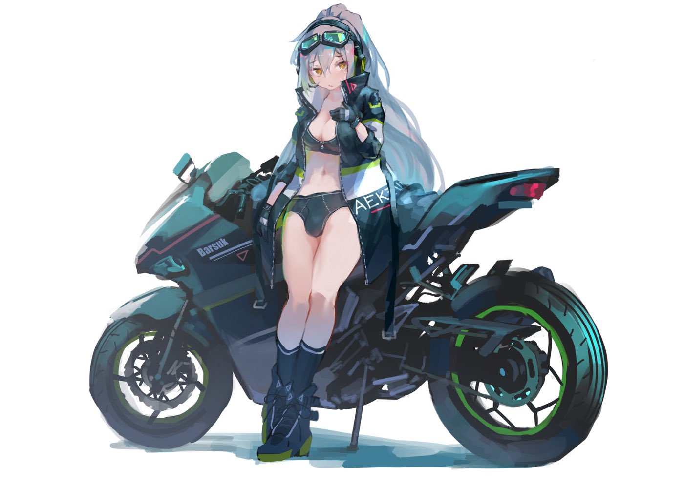 1futa, aamond, aek-999 (girls' frontline), black gloves, black legwear, bra, breasts, bulge, collared jacket, futa only, futanari, girls' frontline, gloves, googles, grey hair, headphones, intersex, jacket, long hair, motorcycle, navel, open clothes, ponytail, shoes, simple background, socks, standing, tied hair, underwear, white background, yellow eyes