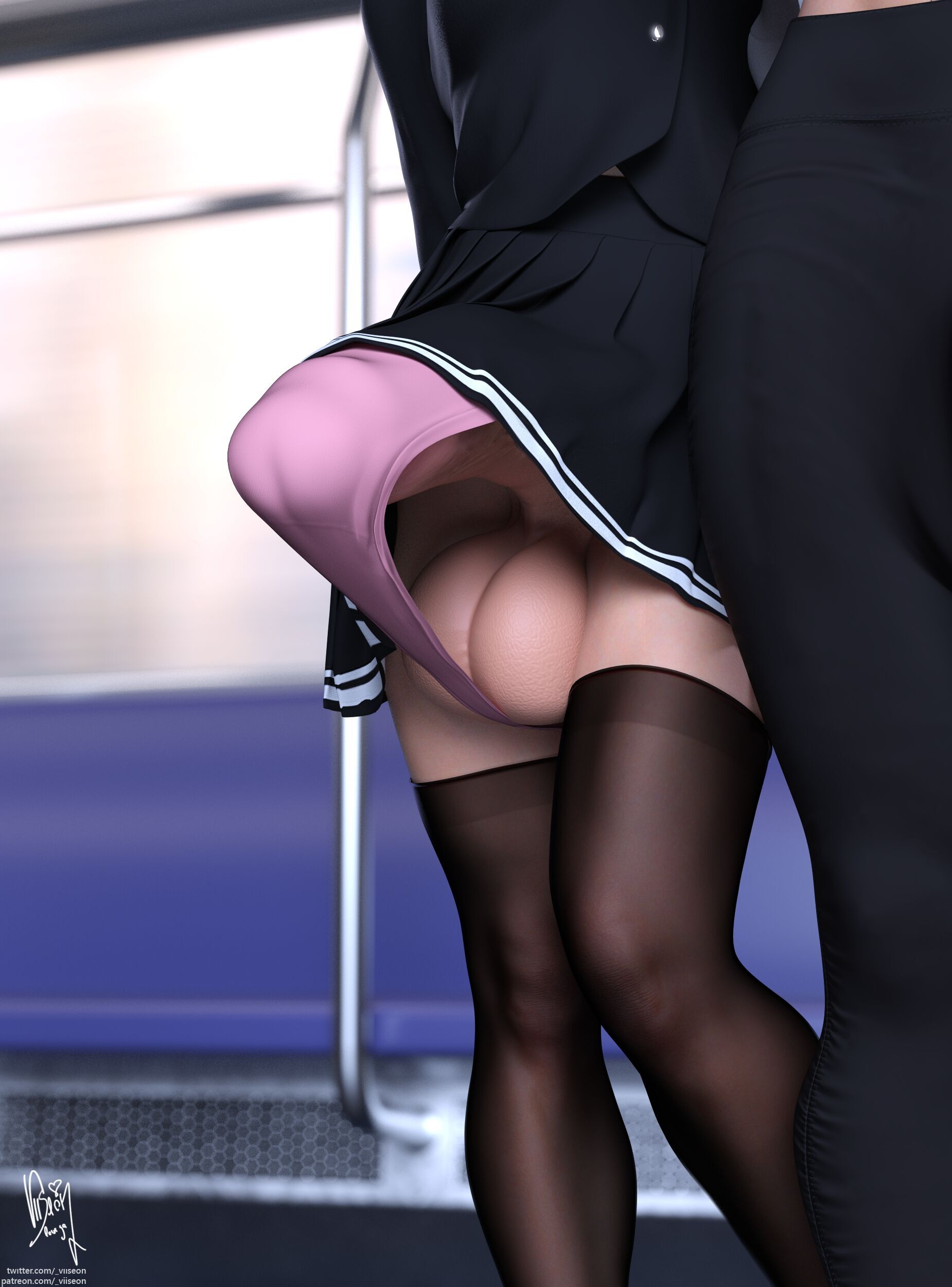 2futas, 3d, big breasts, big penis, breasts, breasts bigger than head, bulge, bulge down leg, bulge through clothing, cleavage, futanari, huge cock, intersex, leggings, looking at another, looking at viewer, nipple bulge, original, original character, penis, penis getting bigger, rei (viiseon), sakura (viiseon), school uniform, see-through clothing, sitting, staring at another, staring at penis, tight clothing, train, train interior, uncensored, viiseon, wide hips