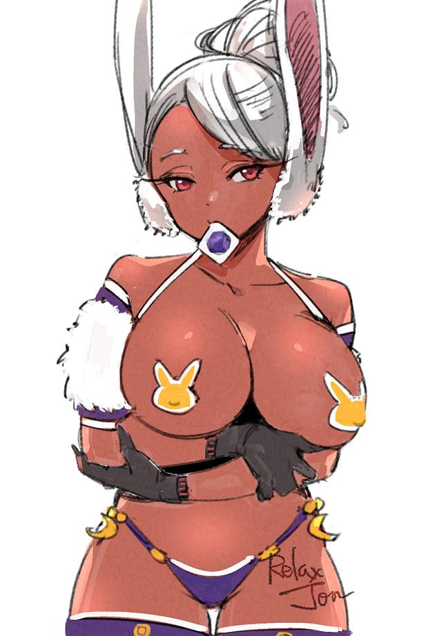 animal_ears arms_under_breasts artist_name bare_shoulders bikini black_gloves boku_no_hero_academia breasts collarbone condom condom_in_mouth covered_nipples crescent_ornament crossed_arms dark-skinned_female dark_skin detached_sleeves female gloves hair_bun large_breasts long_eyelashes looking_at_viewer miruko mouth_hold parted_bangs pasties puffy_short_sleeves puffy_sleeves purple_bikini purple_thighhighs rabbit_ears rabbit_girl red_eyes relaxjon rumi_usagiyama short_sleeves simple_background single_hair_bun solo swimsuit thigh_gap thighhighs thighs white_background white_hair yellow_pasties