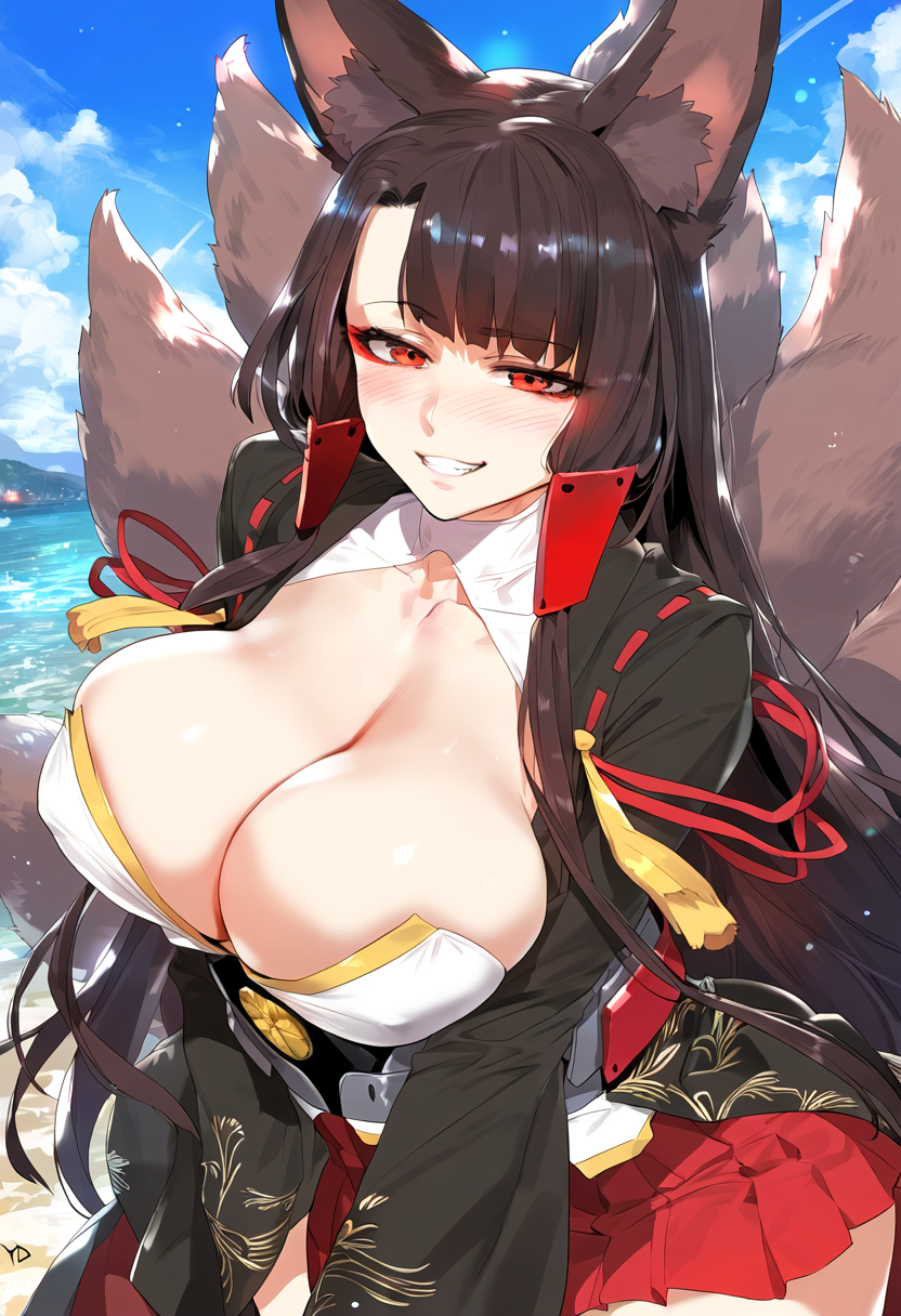 1girls ai_generated akagi_(azur_lane) azur_lane big_breasts breasts brown_hair female female_focus fluffy_tail fox_ears fox_tail huge_breasts kitsune large_breasts light-skinned_female red_eyes thick_thighs thighs