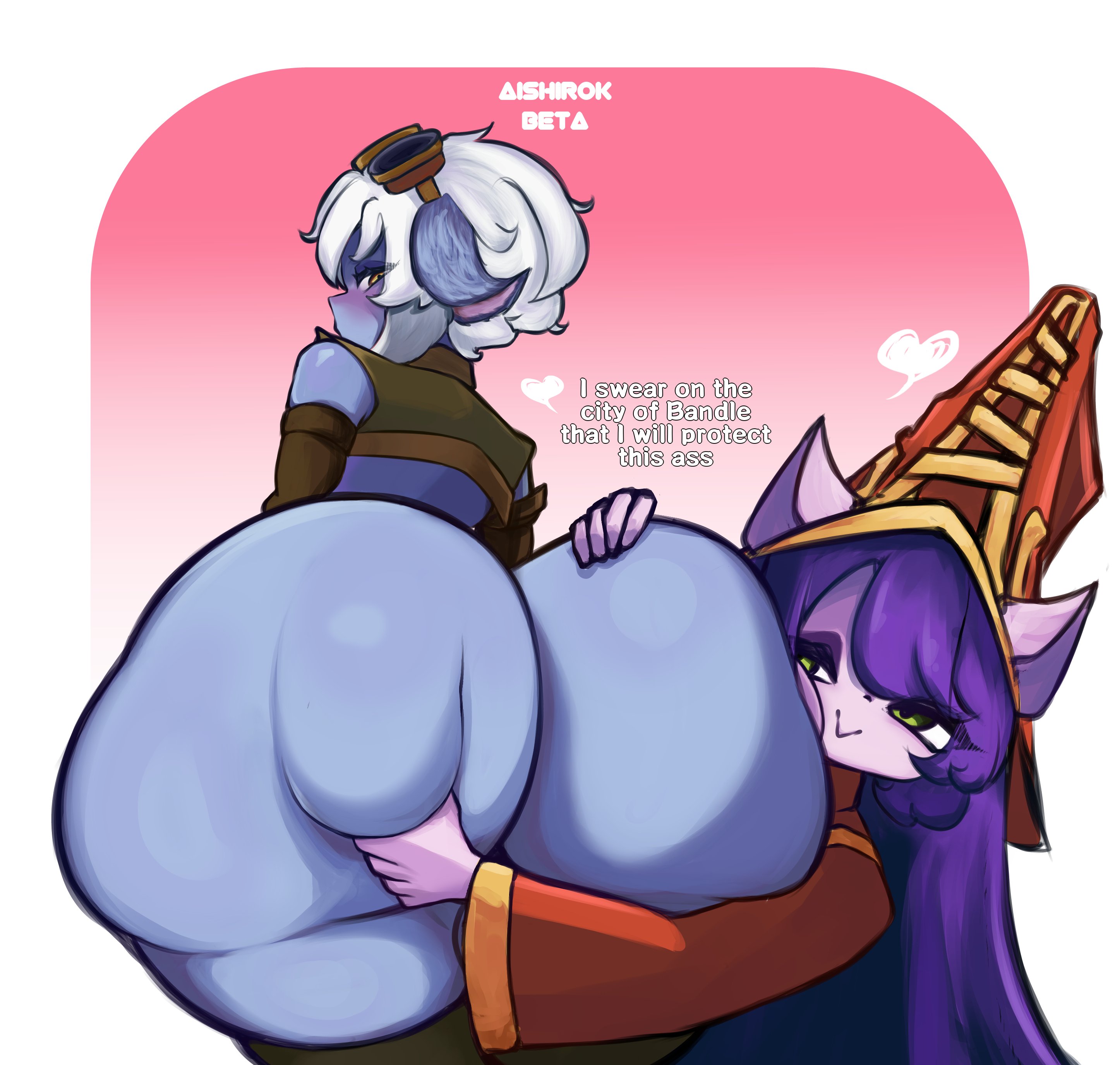 2024, 2girls, aishirokbeta, ass, ass grab, assisted presentation, big ass, blue body, blue skin, female, female only, goggles, goggles on head, green eyes, hearts around head, huge ass, hugging ass, league of legends, looking back, lulu the fae sorceress, pink background, purple body, purple hair, purple skin, riot games, short hair, text, thick thighs, thighs, tristana, voluptuous, white background, white hair, yellow eyes, yordle