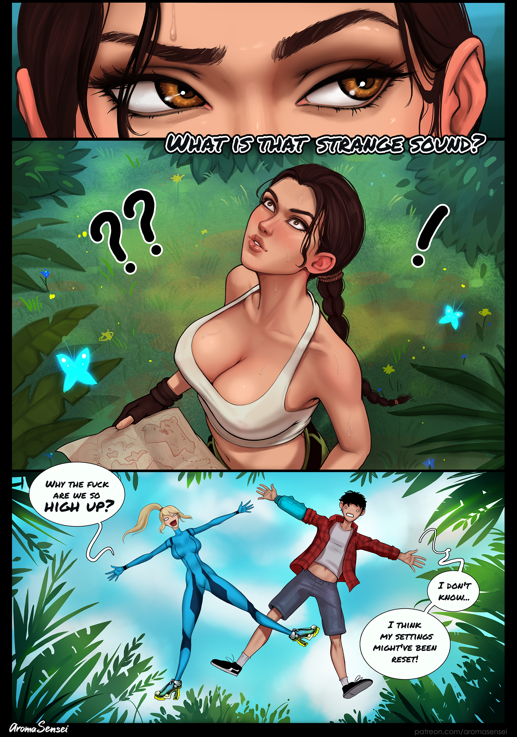 1boy, 2girls, amber eyes, aroma sensei, artist name, black border, blonde hair, bodysuit, breasts, brown hair, butterfly, cleavage, clothing, comic, crossover, curvy, english text, female, female with female, hair, high heels, lara croft, lara croft (classic), large breasts, looking up, male, male with female, metroid, multiple females, multiple girls, nintendo, no bra, ponytail, samus aran, shirt, shorts, speech bubble, text, thick thighs, tomb raider, tomb raider (classic), video games, waifunator 3000, watermark, what, wide hips, zero suit, zero suit samus