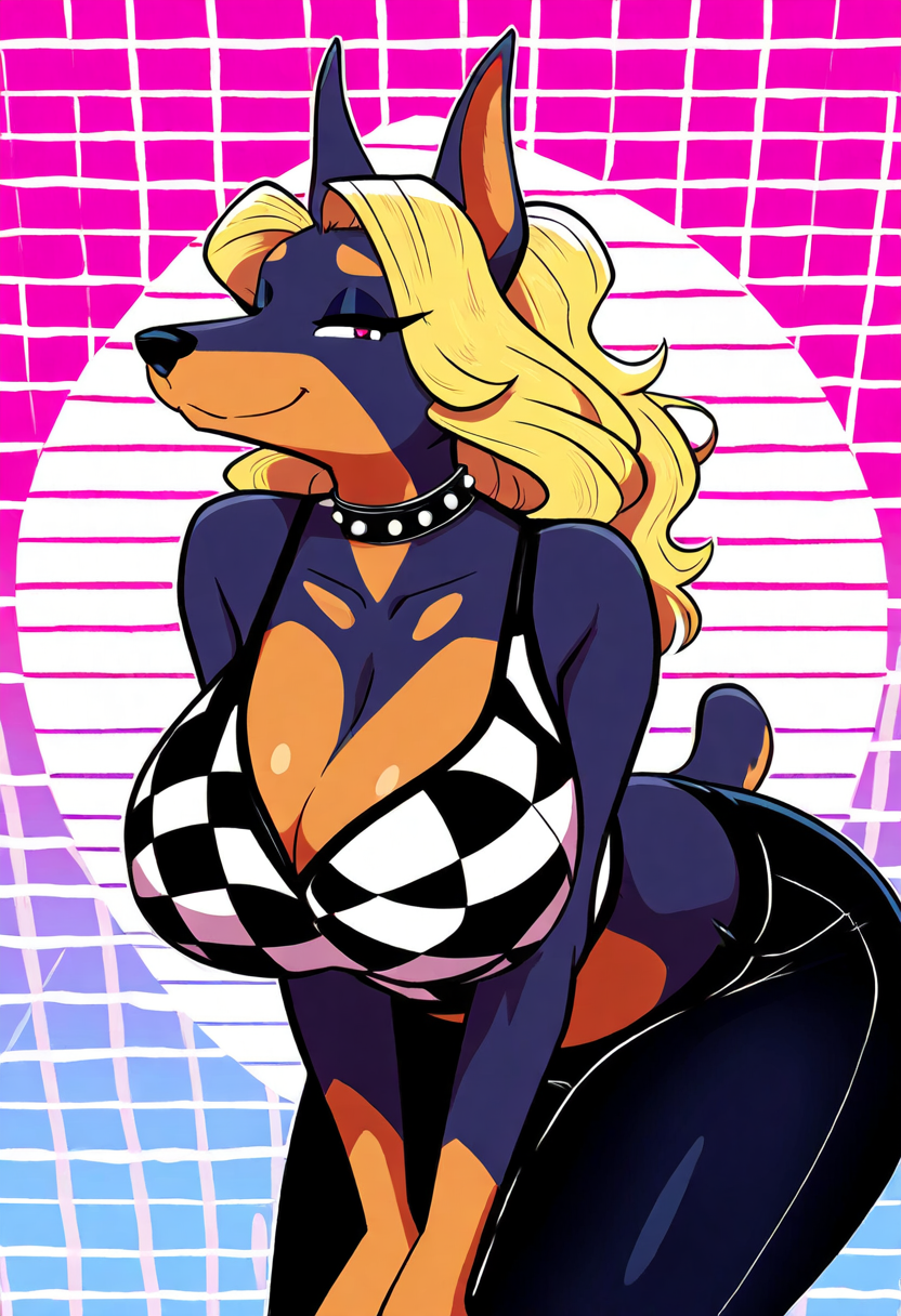 80s ai_generated anthro bent_over blonde_hair breasts_bigger_than_head choker cleavage collar doberman dress female female_focus female_only furry furry_female furry_focus furry_only giant_breasts gilf innocent long_hair looking_at_viewer mature_female milf red_eyes retrowave seductive straight_hair vaporwave