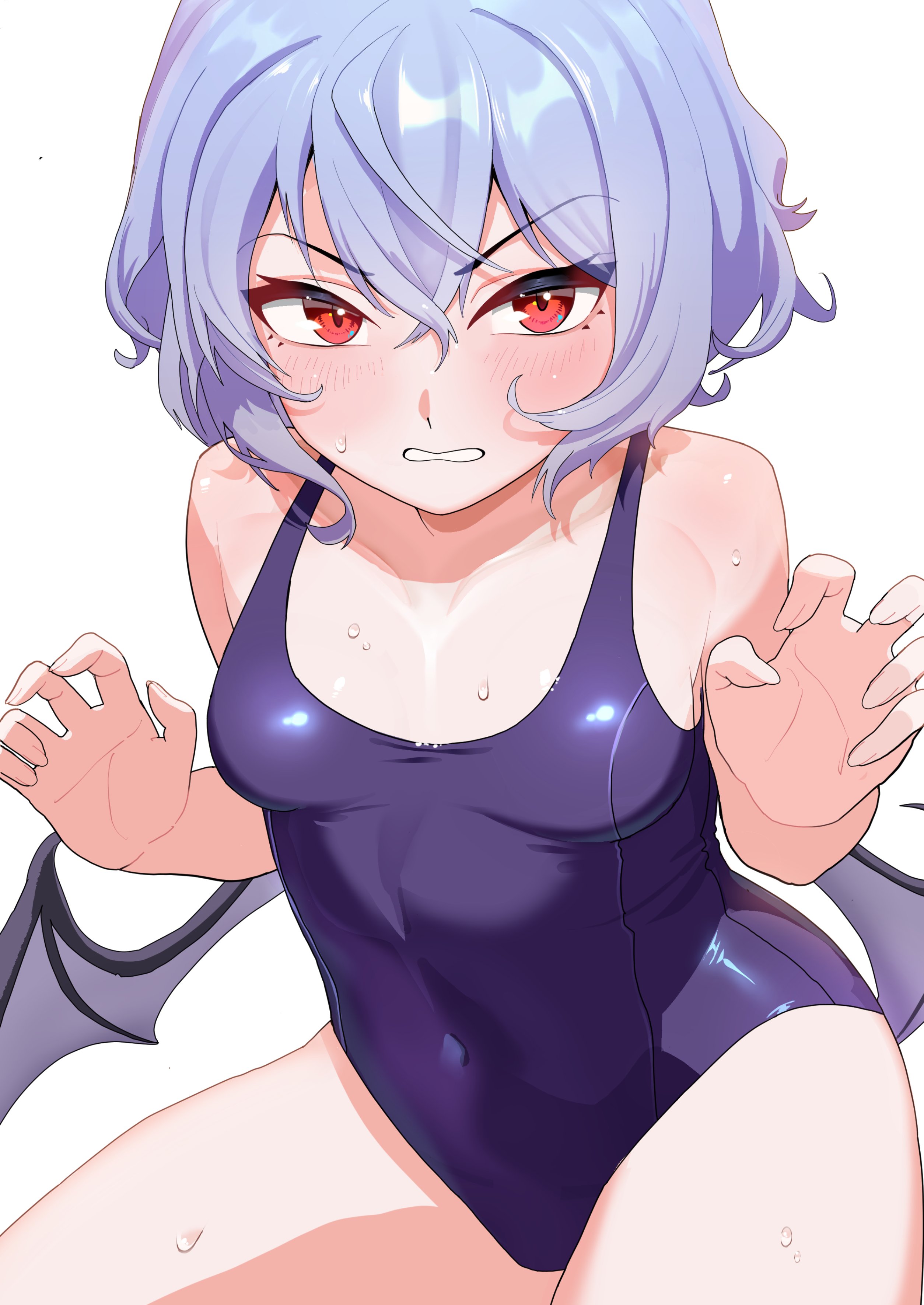blue hair, blush, breasts, female, looking at viewer, red eyes, remilia scarlet, small breasts, swimsuit, touhou, urizaku3, white background, wings