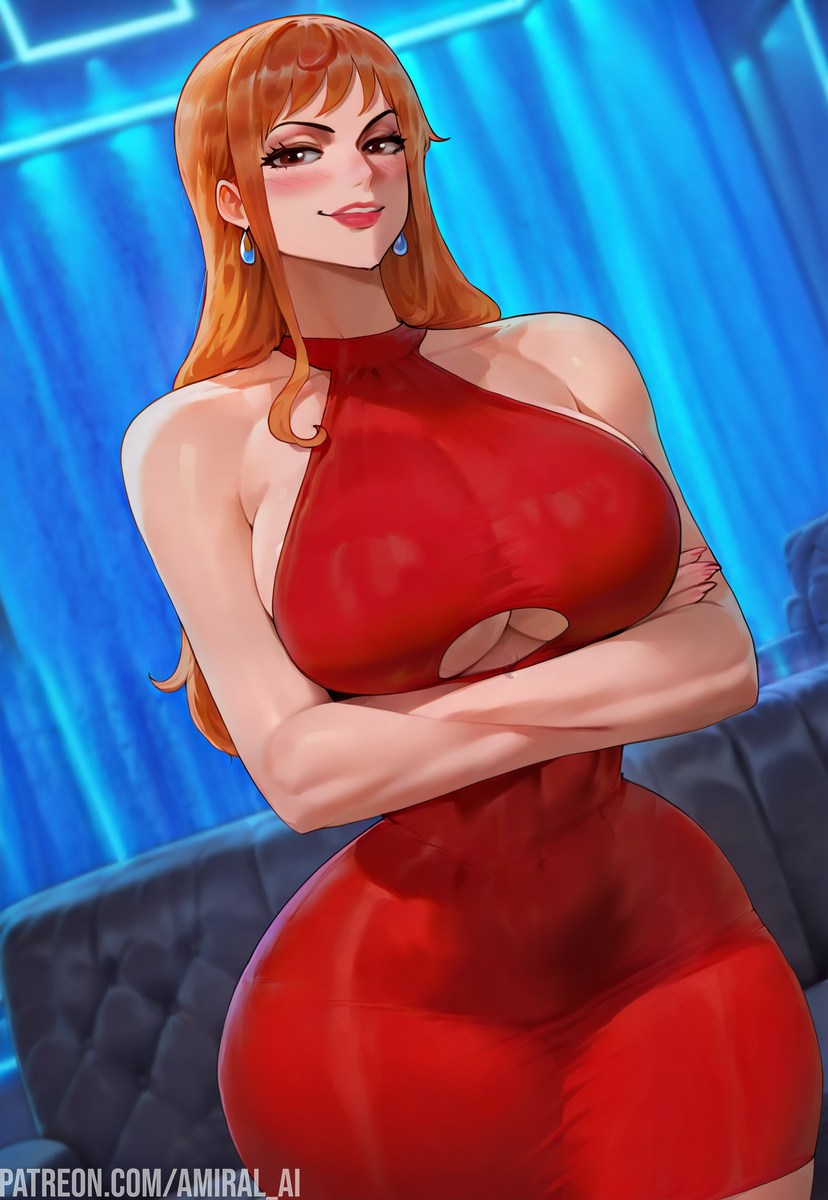 ai_generated amiral_ai big_breasts blush breasts clothing crossed_arms curvy dress earrings female female_only hips huge_breasts light-skinned_female makeup nami nami_(one_piece) one_piece orange_hair red_dress red_lips redhead small_waist thick_thighs thighs wide_hips