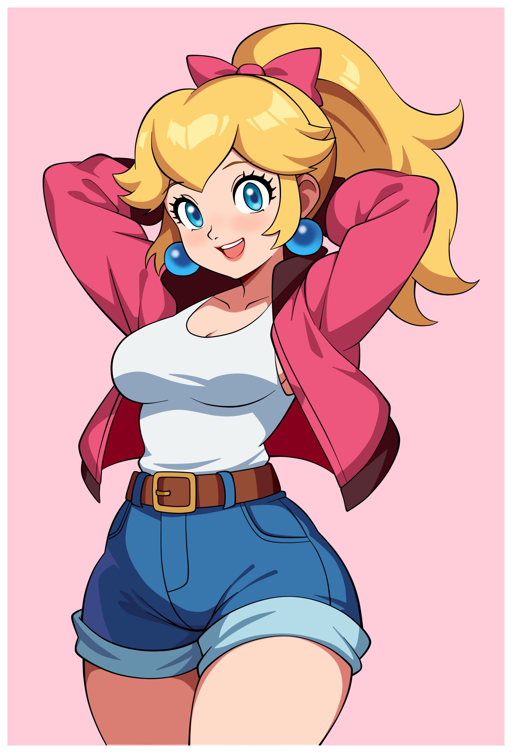 1girls, 2d, absurdres, belt, blonde hair, blue eyes, bow, breasts, cleavage, collarbone, denim, denim shorts, earrings, female, hairbow, highres, jacket, jewelry, light skin, long hair, looking at viewer, mario (series), mario kart, mario kart world, mcarthur1010, medium breasts, nintendo, official alternate costume, open mouth, pink jacket, ponytail, princess peach, princess peach (touring), shirt, shorts, sleeveless, solo, solo female, sphere earrings, white shirt, woomy1010