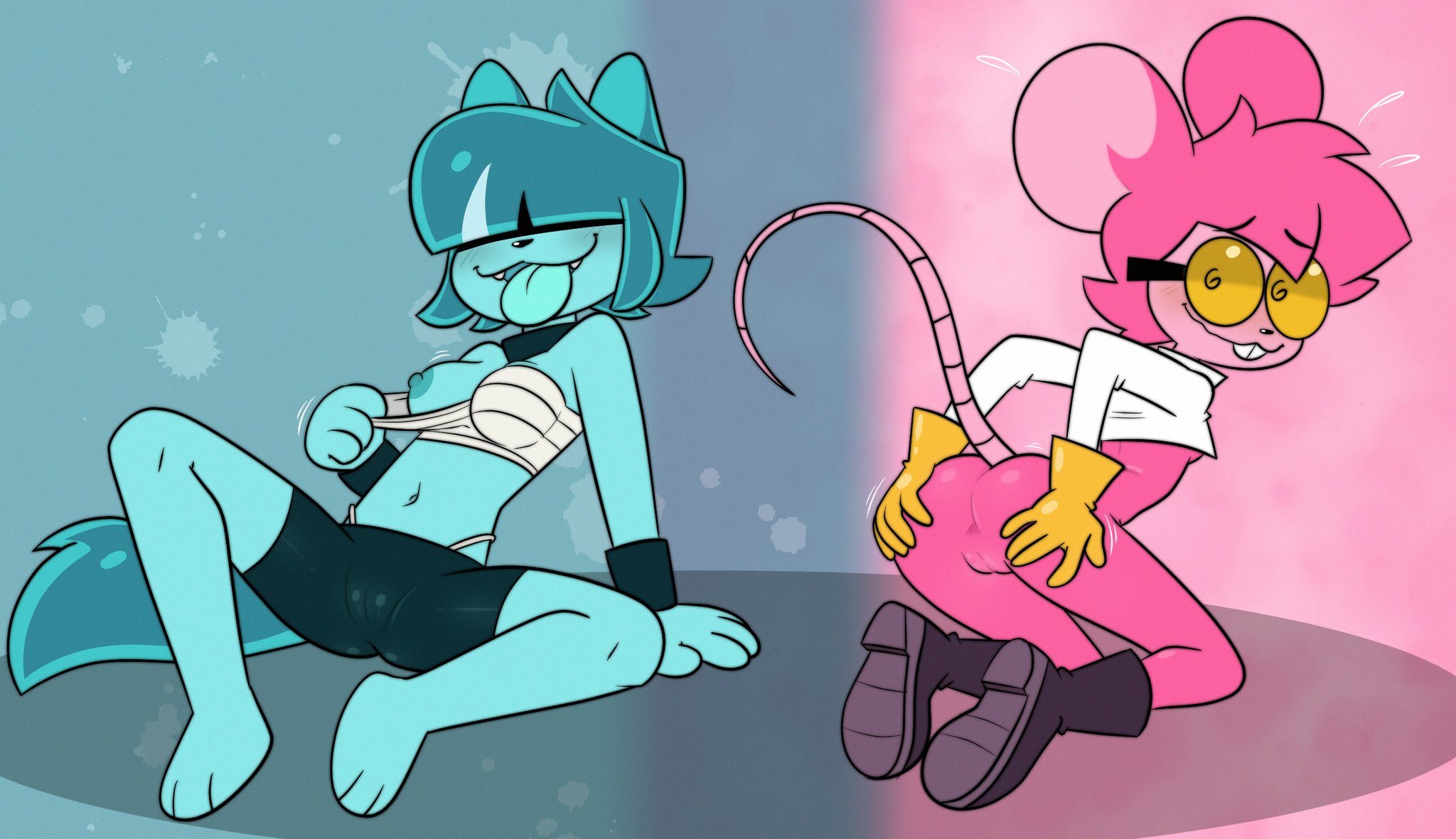 accurate art style, goommy (goommymuffin), goommymuffin, mindgasmyt, muffin (goommymuffin), nipple slip, original, spreading ass