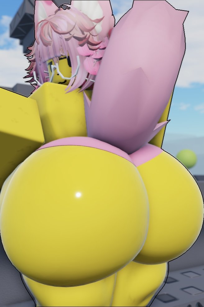 :3 face, 1girls, 3d, artist request, ass, ass focus, big butt (female), black outline, looking back, pink hair, pink panties, pink tail, roblox, roblox background, roblox studio, robloxian, showing ass, showing butt, tagme, white glasses, wolf ears, yellow skin