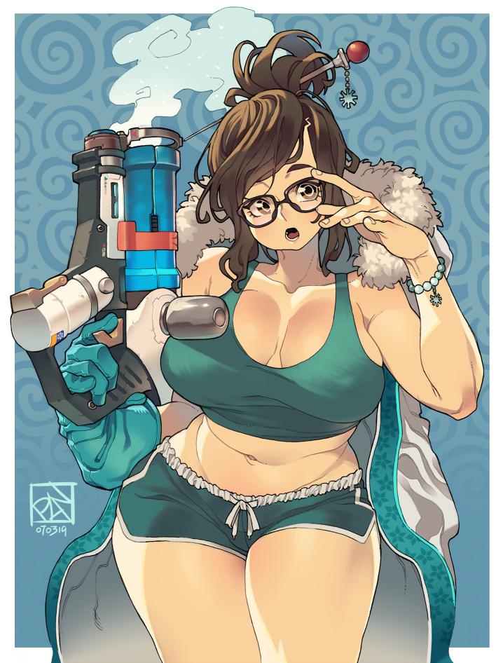 abstract background, adjusting glasses, bare legs, blizzard entertainment, breasts, chubby, cleavage, clothed female, coat, cowboy shot, crop top, curvy, female, glasses, gun, hourglass figure, huge breasts, large breasts, megane, mei (overwatch), mei ling zhou, midriff, midriff baring shirt, navel, overwatch, poch4n, sci-fi, science fiction, scifi, short shorts, solo, standing, tank top, thick thighs, weapon, wide hips
