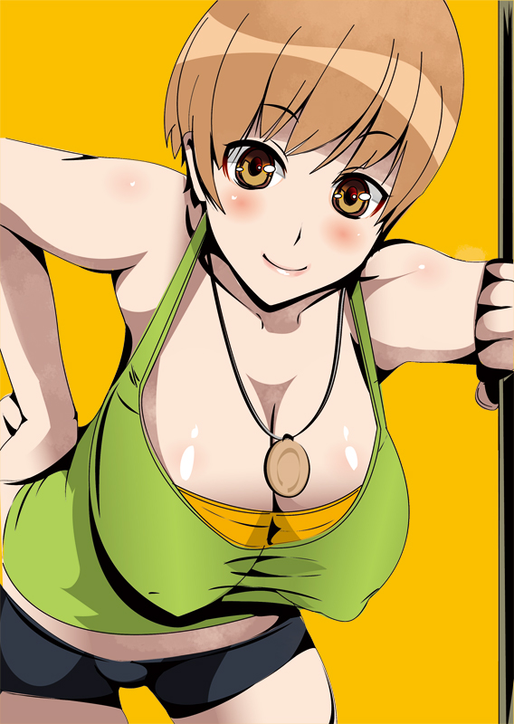 breasts, cleavage, female, huge breasts, persona, persona 4, satonaka chie, short hair