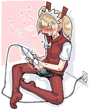 anger_vein black_skirt blonde_hair blush bow closed_eyes cookie_(touhou) electric_plug female female_masturbation full_body hairbow hitachi_magic_wand lowres man_(man-room) masturbation miniskirt no_shoes nose_blush open_mouth pantyhose pussy_juice pussy_juice_puddle red_bow red_pantyhose red_sweater_vest sex_toy shiriri_saikyo shirt short_hair short_sleeves sitting skirt solo sunny_milk sweater_vest touhou translation_request vibrator white_shirt