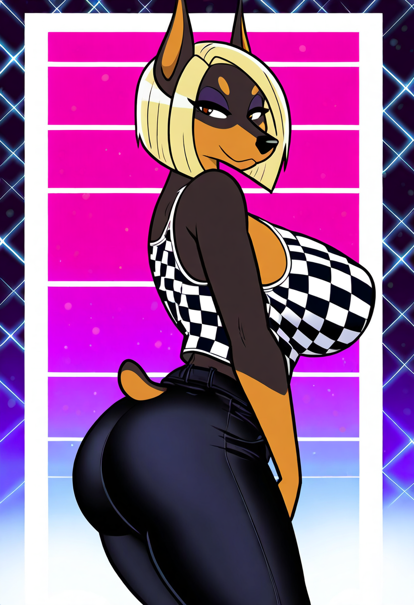 80s ai_generated anthro big_ass blonde_hair breasts_bigger_than_head doberman dress eye_shadow female female_focus female_only from_behind furry furry_female furry_focus furry_only giant_breasts gilf innocent jeans looking_at_viewer looking_over_shoulder mature_female milf red_eyes retrowave seductive short_hair side_profile straight_hair tank-top tight_clothes vaporwave