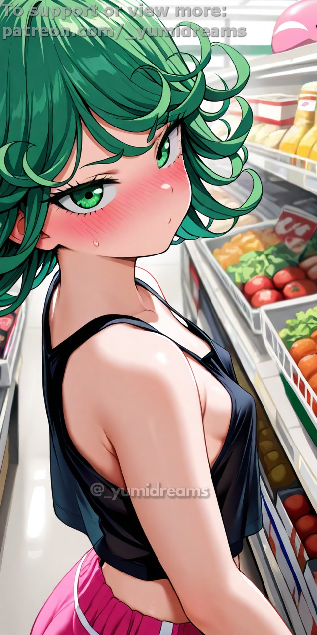 1girls _yumidreams ai_generated black_crop_top blush dolphin_shorts green_eyes green_hair indoors no_bra one-punch_man patreon_username petite see-through short_hair small_breasts tatsumaki