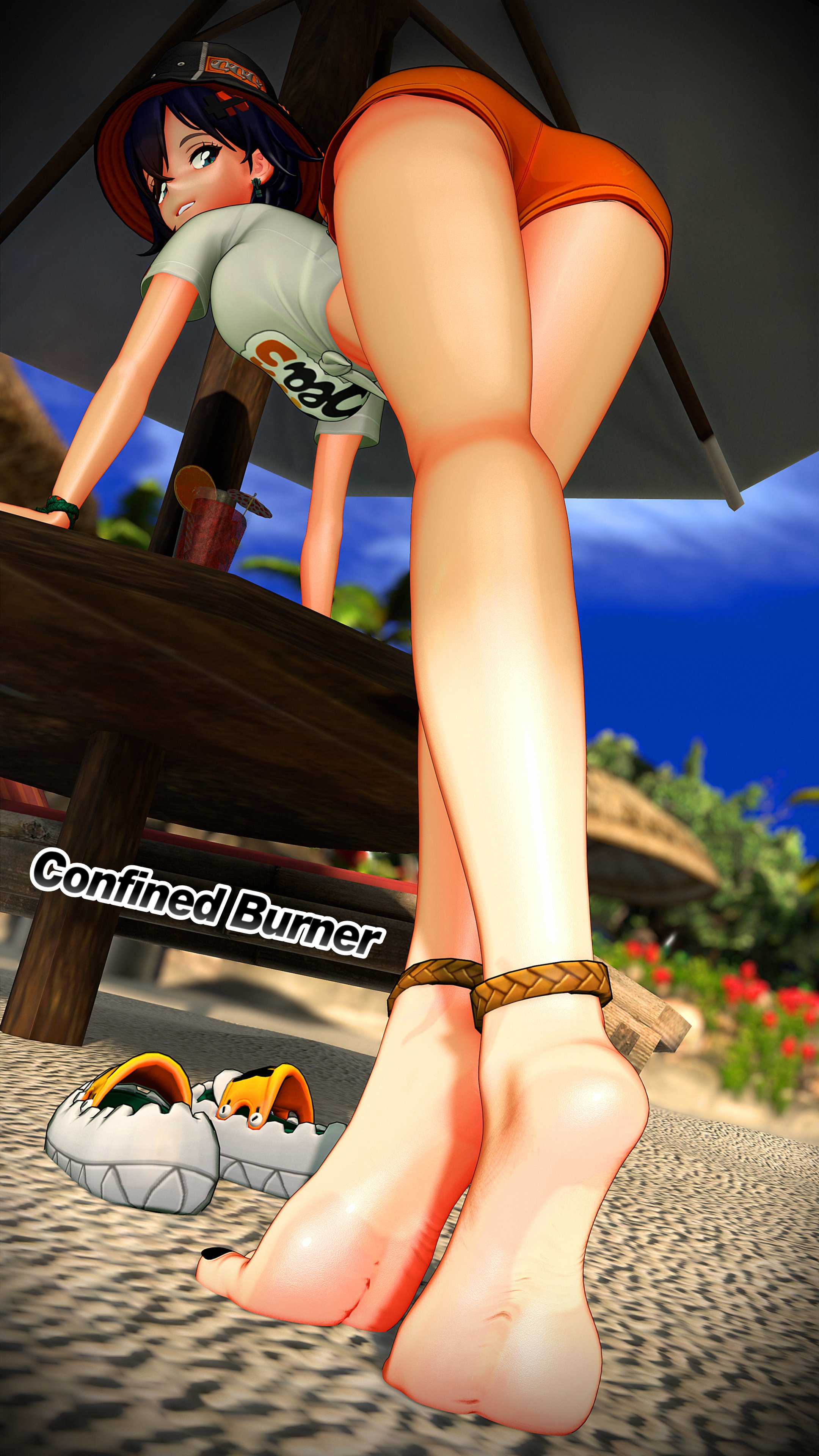 1girls, 3d, 3d (artwork), absurd res, barefoot, beach, belle (summer skies) (zenless zone zero), belle (zenless zone zero), bent over, breasts, bucket hat, clothed, clothing, confinedburn, feet, feet focus, female, female focus, female only, foot fetish, highres, light skin, light-skinned female, low-angle view, medium breasts, official alternate costume, orange shorts, parted lips, sand, see-through, see-through clothing, self upload, short hair, shorts, soles, swimsuit, swimwear, zenless zone zero