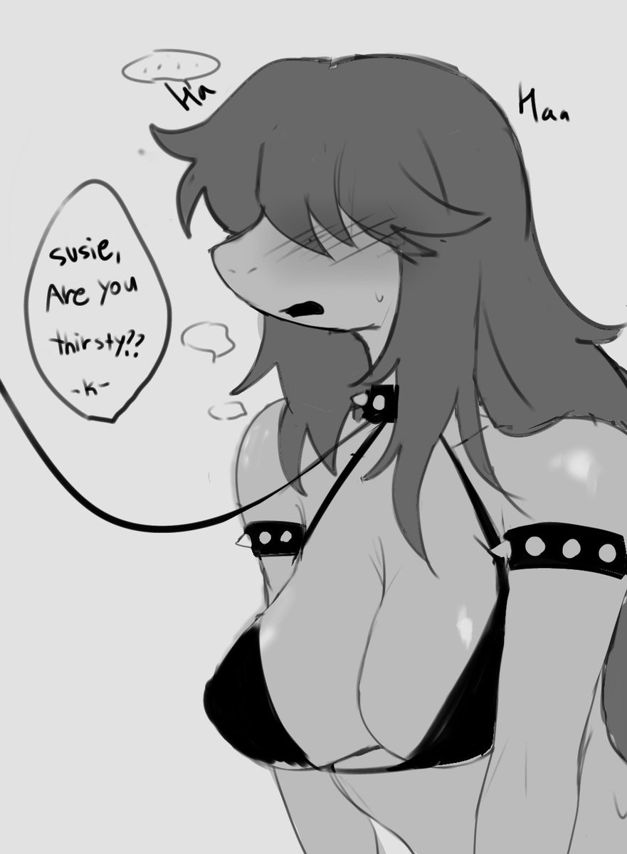 1girls ambiguous_gender bikini blush bondage bracelet breasts chokaso cleavage collar comic deltarune femsub hair_over_eyes heavy_breathing imminent_oral imminent_sex large_breasts leash long_hair monochrome open_mouth pet_play sketch spikes susie_(deltarune) sweat text