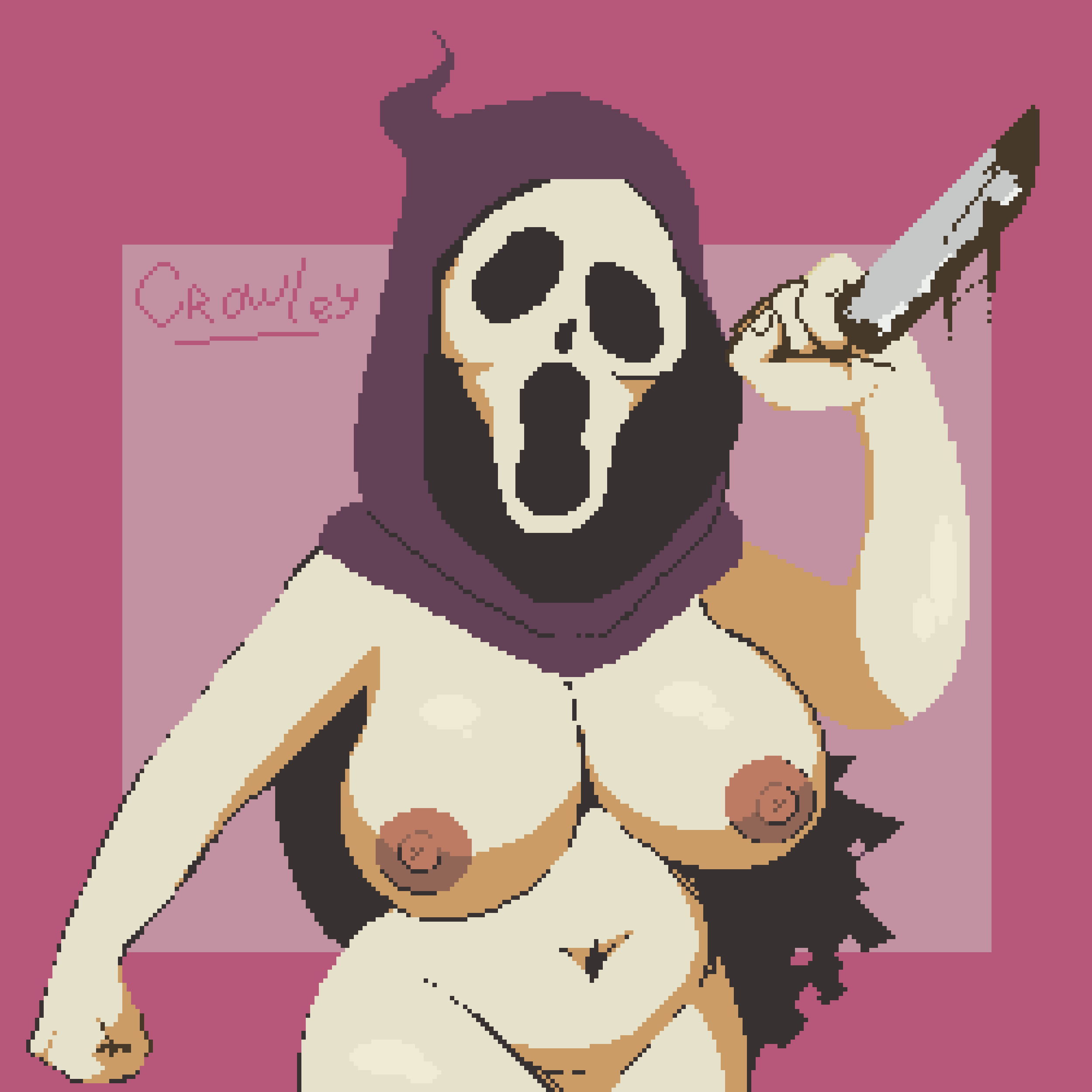 bare_breasts bare_thighs belly big_breasts blood_stain chubby female_focus female_only ghostface holding_object knife masked_female rule_63 shortstack