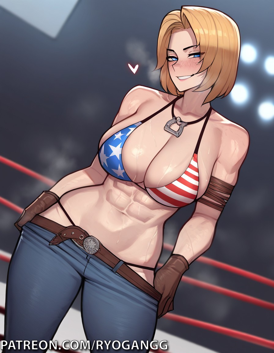 1girls 2d ai_generated american_flag_bikini big_breasts big_breasts big_breasts blonde_hair blue_eyes cowboy_hat dead_or_alive female looking_at_viewer ryogangg short_hair thong tina_armstrong