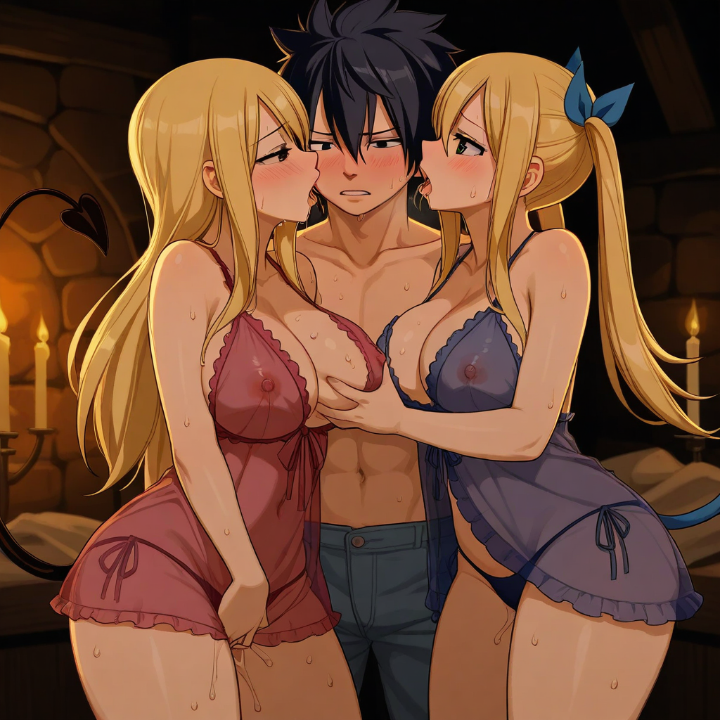 1boy 2girls ai_generated black_hair blonde_hair couple demon_tail fairy_tail gray_fullbuster horns large_breasts lucy_heartfilia sensual sexy succubus thick_thighs threesome