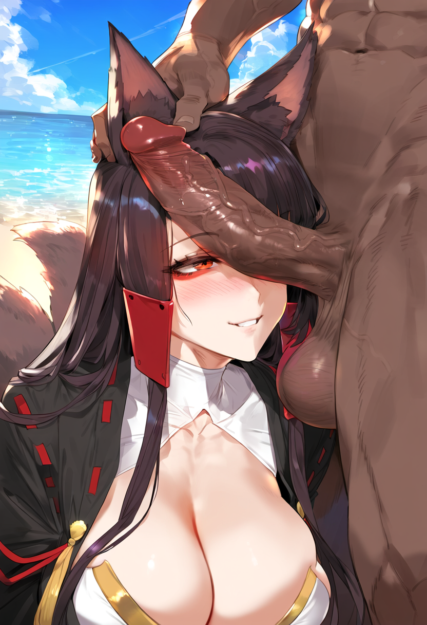 1boy 1girls ai_generated akagi_(azur_lane) azur_lane big_breasts breasts brown_hair dark-skinned_male female female_focus fluffy_tail fox_ears fox_tail huge_breasts huge_cock kitsune large_breasts light-skinned_female penis penis_on_face red_eyes smiling thick_thighs thighs