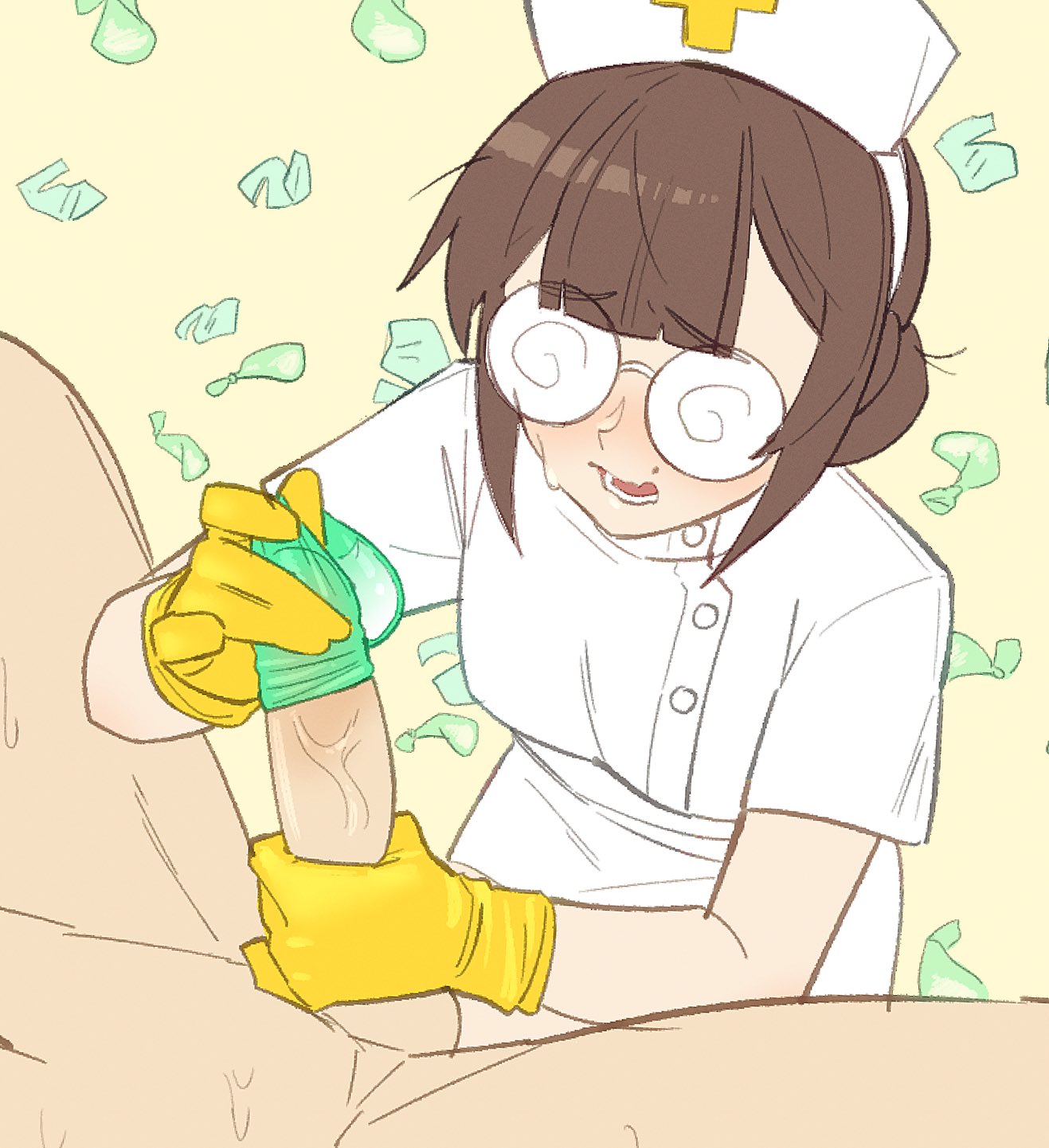 @_@ brown_hair condom cum cum_in_condom glasses gloves holding_penis lewdismug nurse nurse_uniform original penis putting_on_condom realda_(vibrantrida) sweat sweatdrop swirly_eyes touching_penis vibrantrida